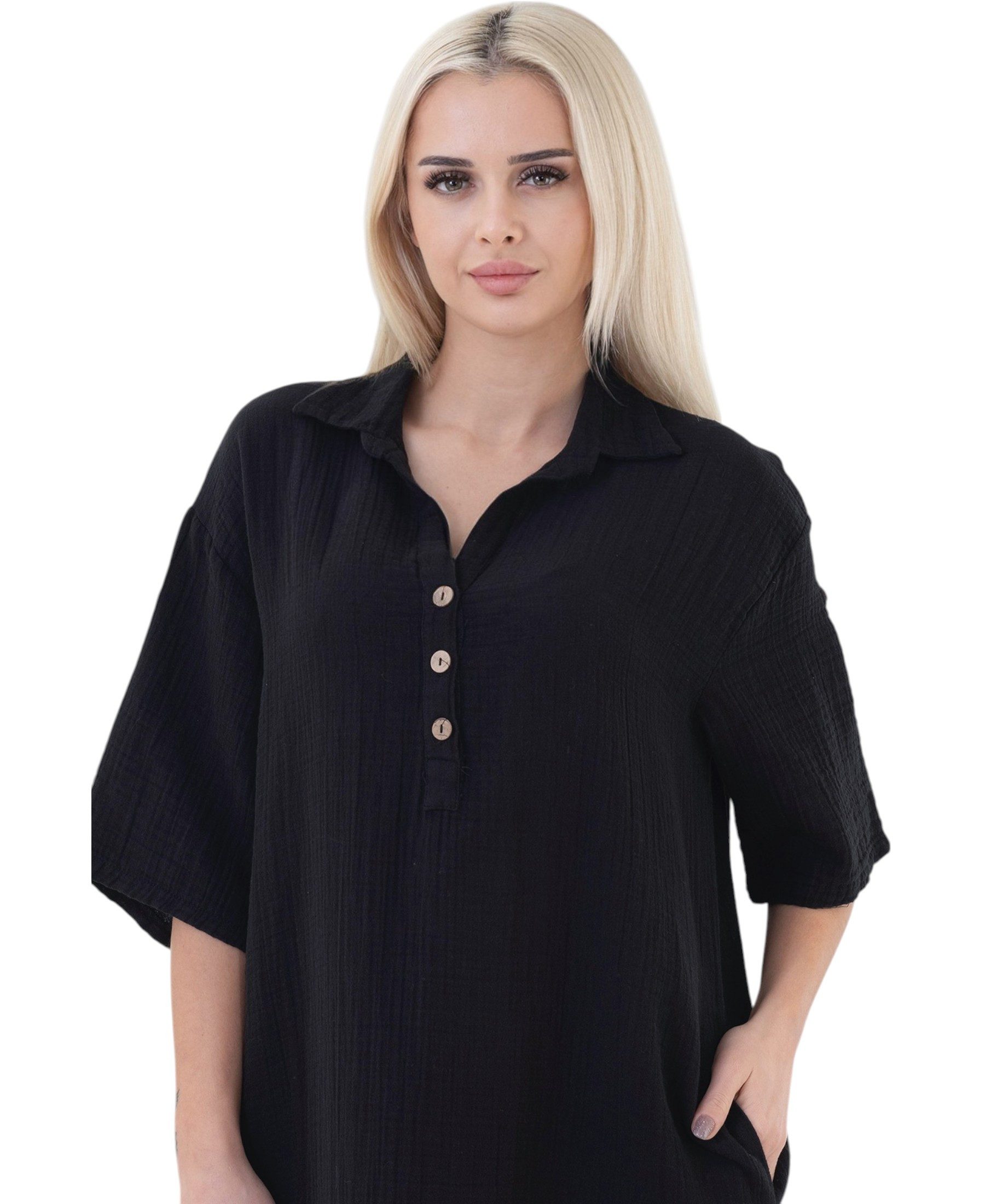 WENOR Blusenkleid Musselin Damen Tunika Kleid Baumwolle Oversize Sommerkleid Locker geschnitten mit Hemdkragen, Knopfleiste und Seitentaschen