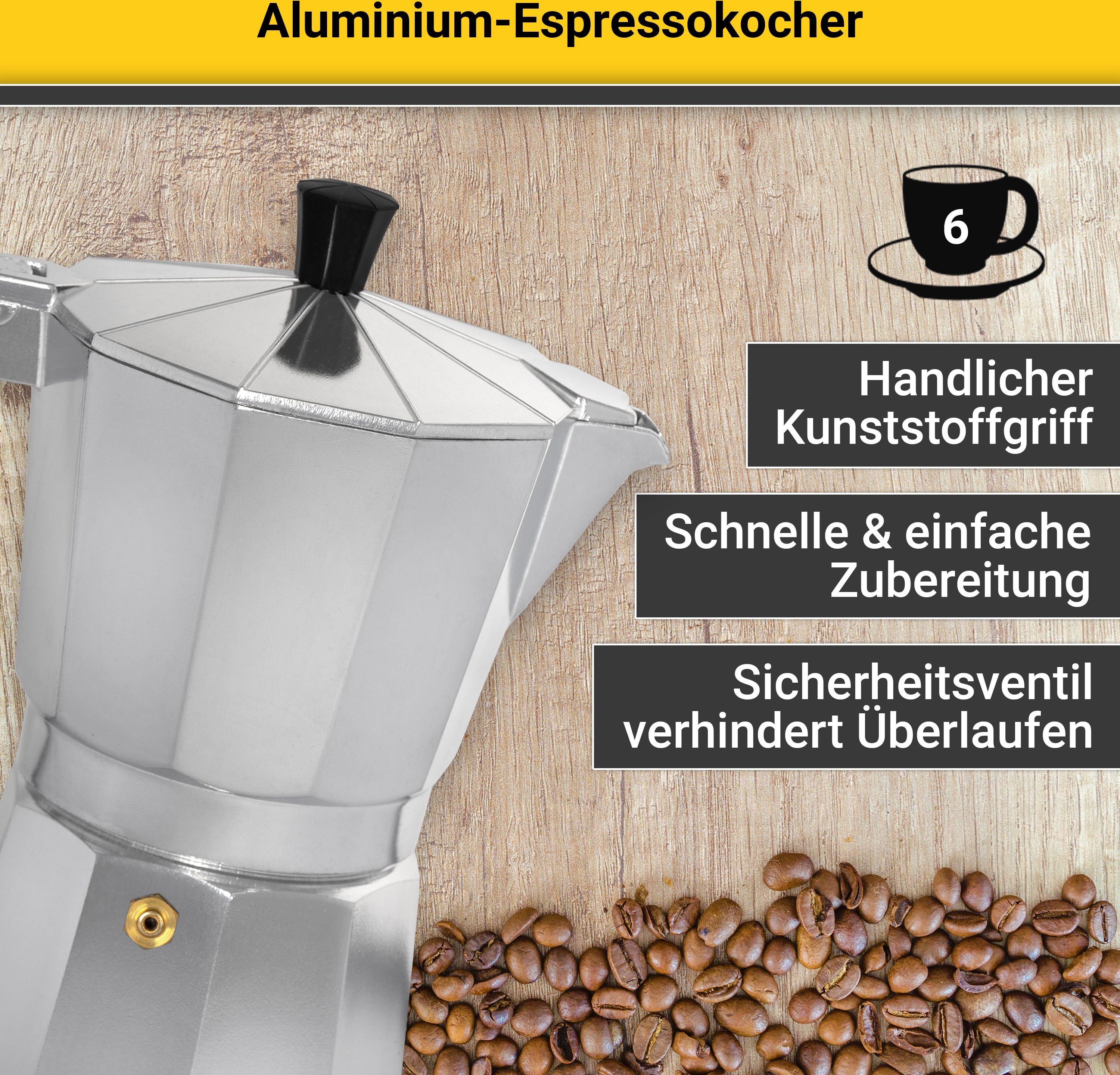 Krüger Druckbrüh-Kaffeemaschine 502, Aluminium, Kaffeebereiter für eckige für Tassen, 6 Form Tassen traditioneller in 6