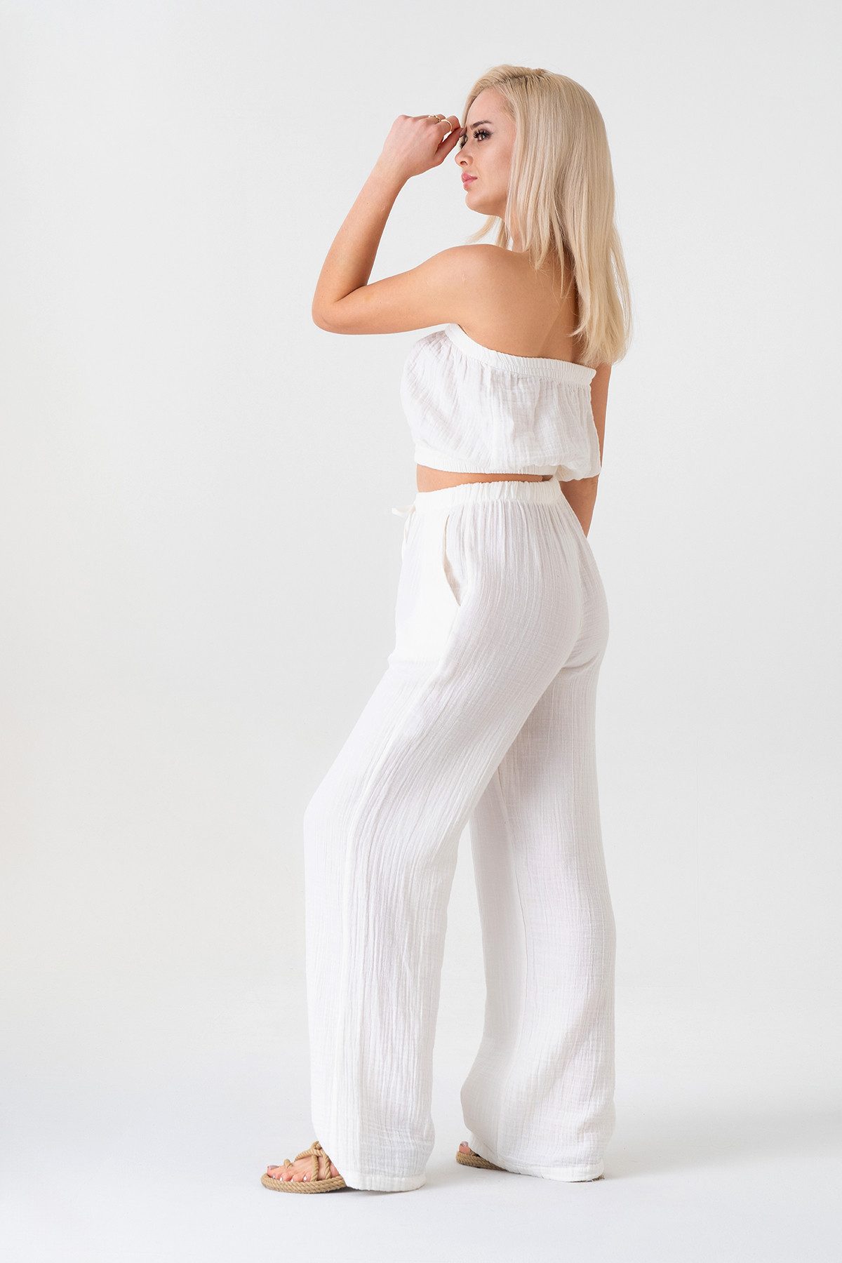 WENOR Palazzohose Damen Musselin-Hose - Sommerhose 100 % Baumwolle, elastischer Bund Weiter Beinverlauf, Musselinstruktur, luftiger Schnitt