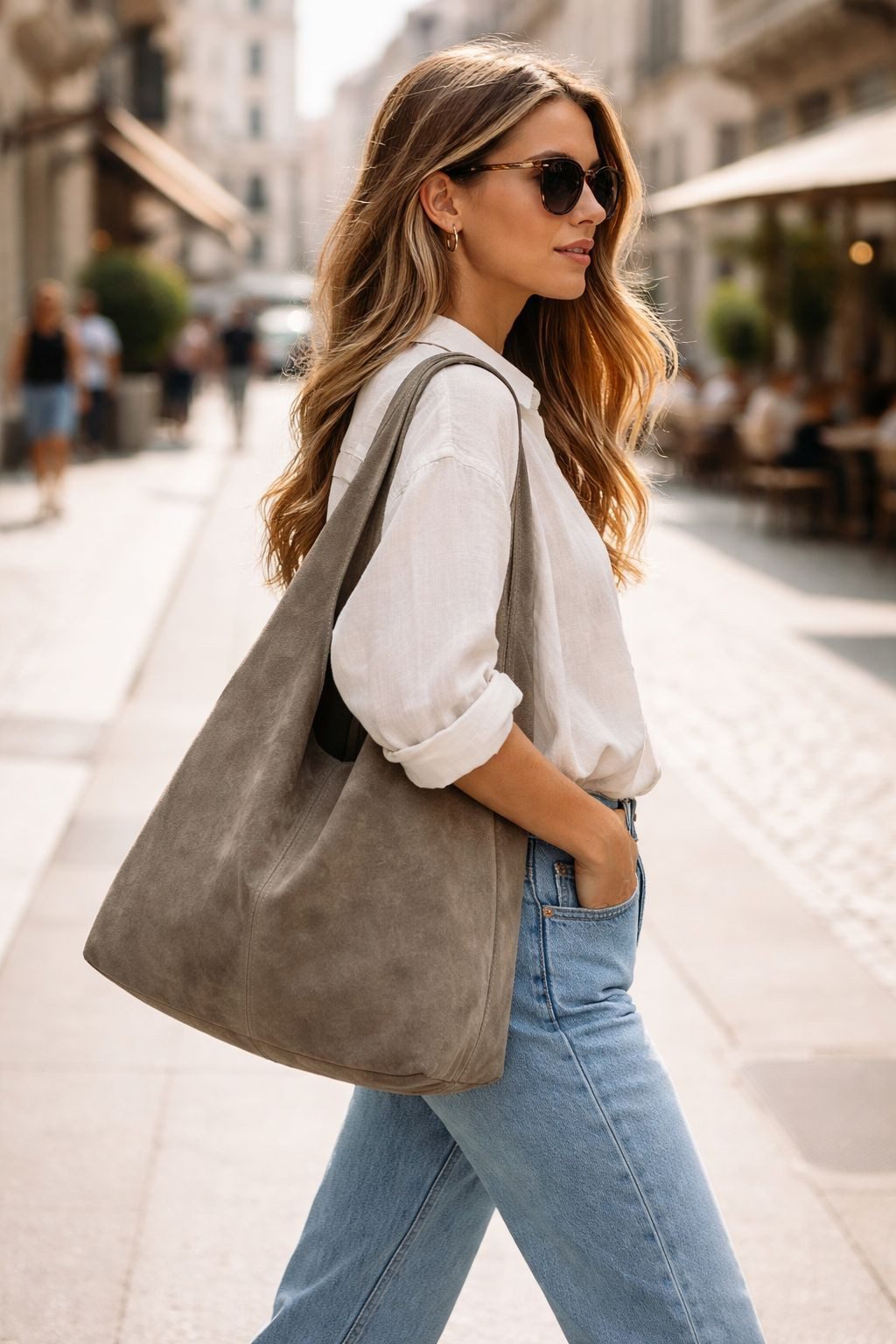 ITALYSHOP24 Schultertasche Made in Italy Damen Leder Wildleder Tasche Umhängetasche Beuteltasche, Premium Business Echtleder Shopper Bag leicht groß klassisch geräumig