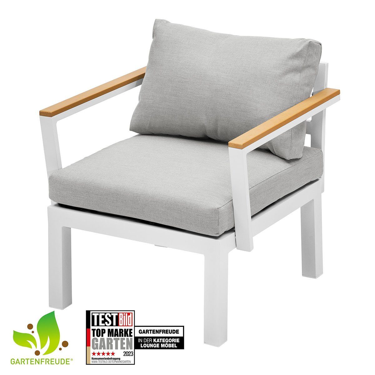 Gartenfreude Gartentisch Sessel Stoff Kissen Aluminium Weiß Teak Ambience / Grau (1-St), wasserabweisenden / mit
