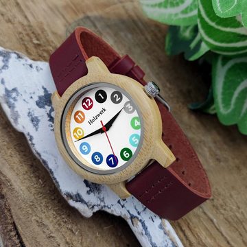 Holzwerk Quarzuhr RAINBOW RED bunte kleine Damen Leder & Holz Armband Uhr, rot