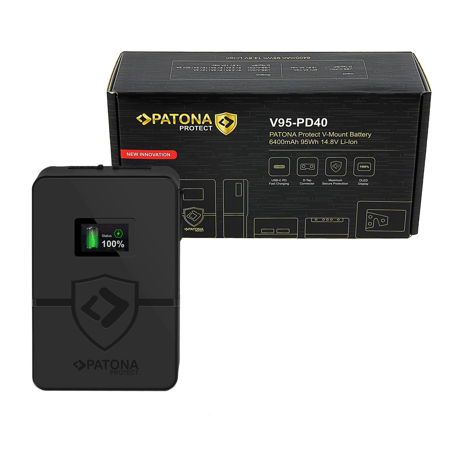 Patona PROTECT V-Mount Akku V95-PD40 f Kamera-Akku Ersatzakku Kameraakku 6400 mAh (14,8 V, 1 St), für BP-95W PD40W USB-C Input OLED-Display 95Wh