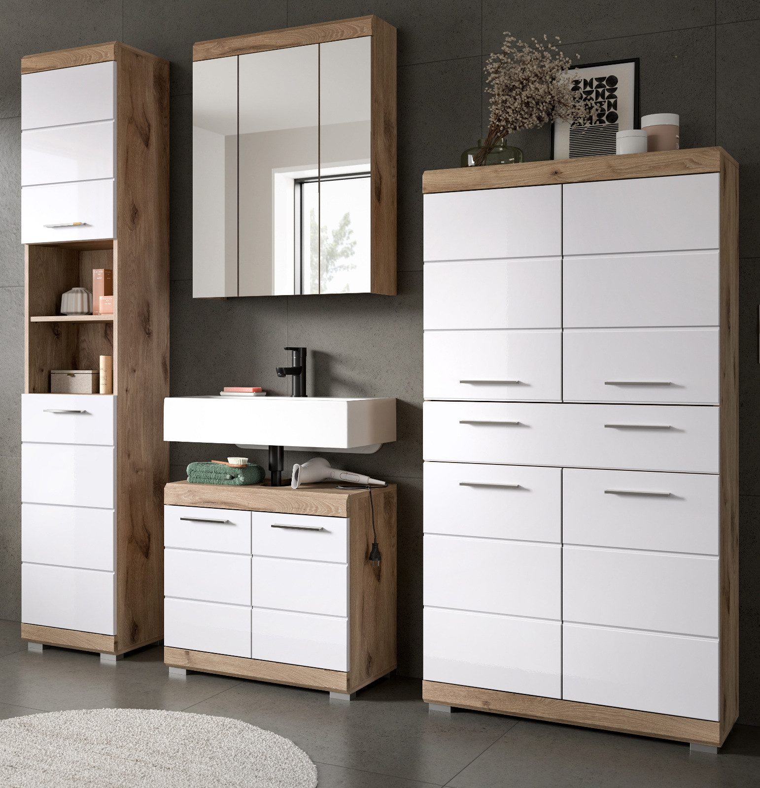 Inn.Furn Badmöbel-Set Willow, (in weiß Hochglanz mit Eiche, 4-St., Komplett günstig online kaufen