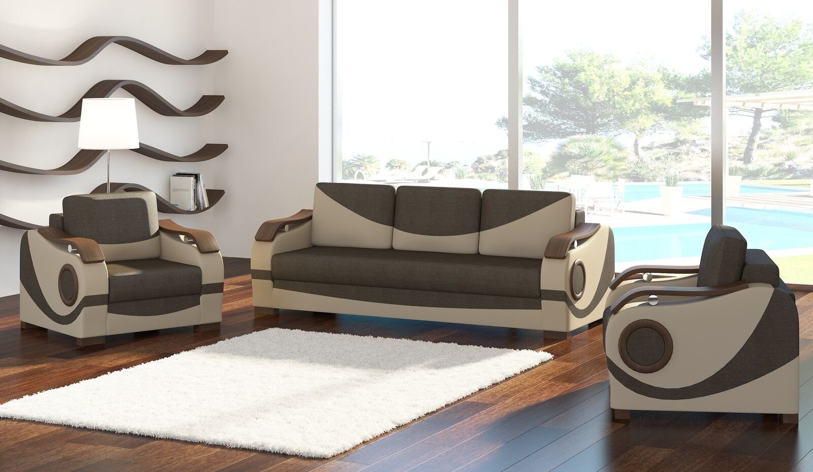 JVmoebel Sofa Sofagarnitur Puerto 3+1+1 mit Bettfunktion Set Couch Polster Sofas, Made in Europe Braun/Beige