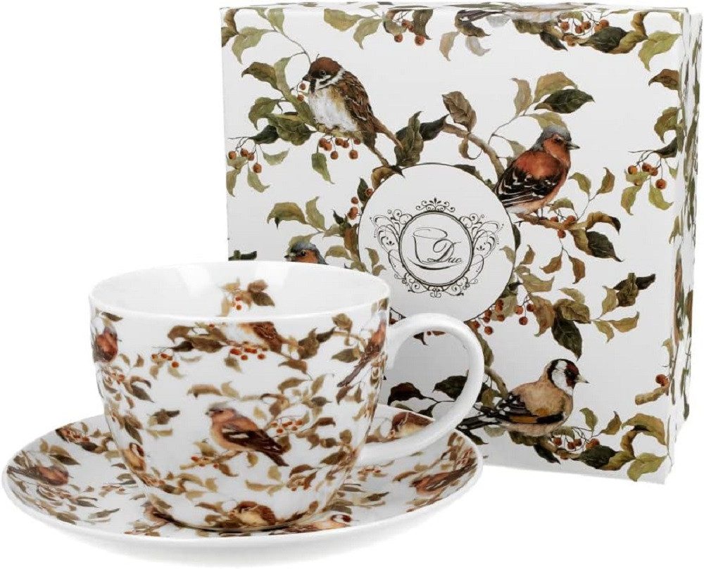 Duo-Gift Tasse Set ca. 450 ml Jumbotasse mit Untertasse Wildtere / Wildpflanzen, 2-tlg., Porzellan Set / Tasse Jumbo mit Untertasse BIRDIES / Vögel / Vögelchen, Souvenir BLumen Kollektion / Ideal als Geschenk