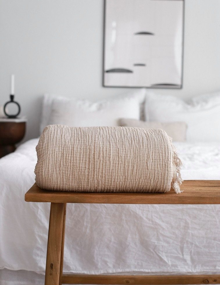 Wohndecke Bio-Musselin Wohndecke in Graubeige zum Wenden, Sandiik, 100% Biobaumwolle