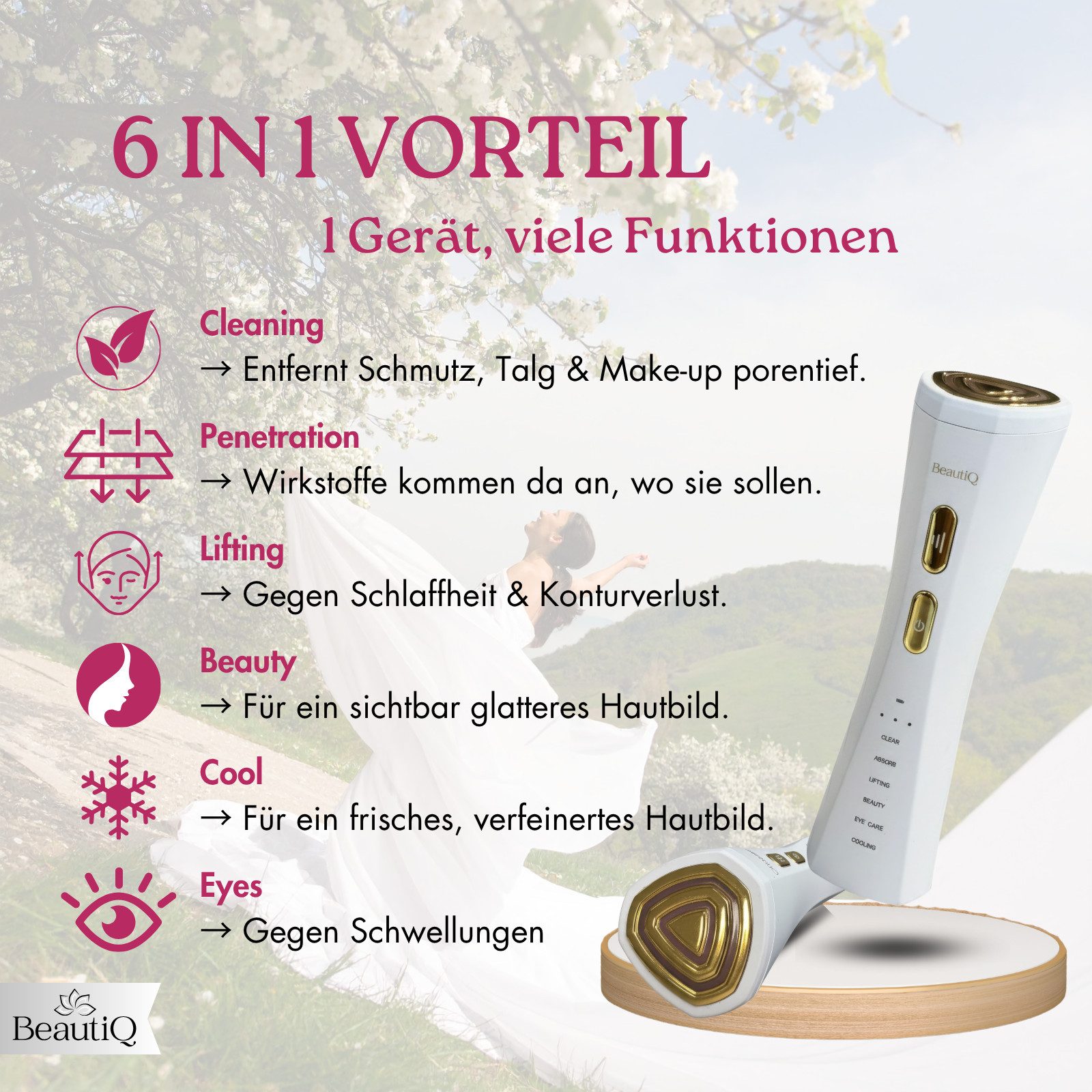 BeautiQ Gesichtsmassagegerät Lumèra PRO 6 in 1 [Neuheit], EMS, Lifting, Anti-Aging Innovation, Full Inclusive Beauty Set, Radiofrequenz, LED, Vibration, Tiefenreinigung, Lifting-Modus, Augenpflege, Kühlung, Anti-Aging