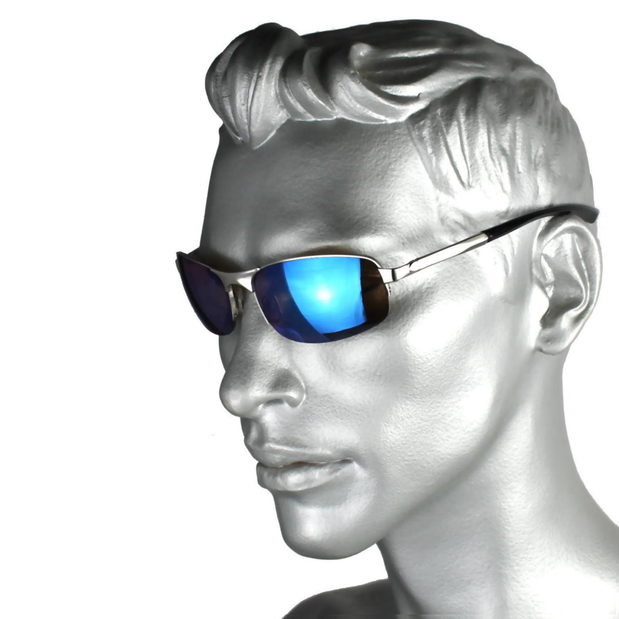 Rennec Sonnenbrille (Markenbrille mit Brillenbox und Brillenbeutel, schmale Metall Sonnenbrille Edelstahl mit Federscharniere) Halbrand Brille mit Federgelenke Blau Verspiegelt oder Schwarz Getönt