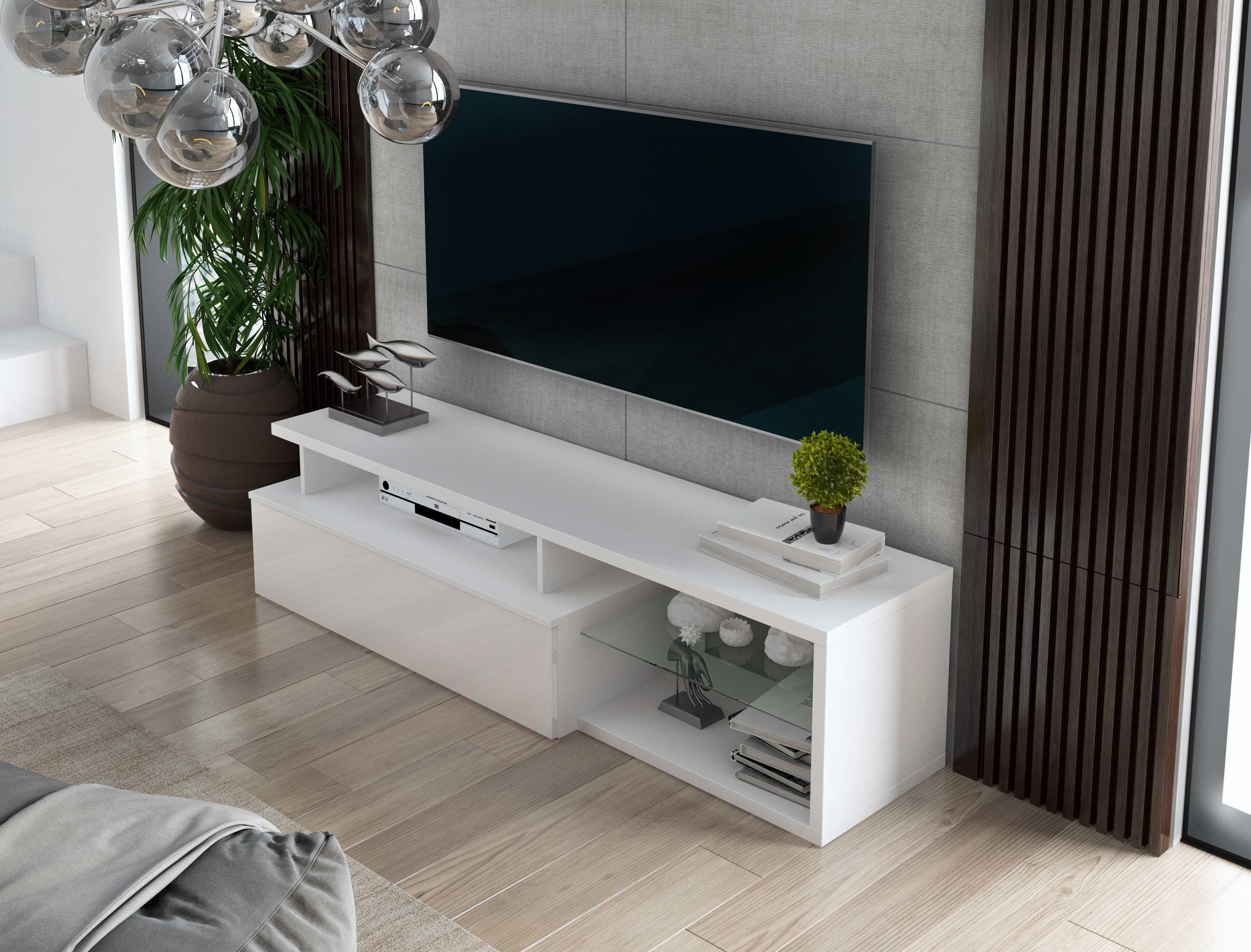 Furnix TV-Schrank Kabinett Golda Kommode mit Schrank und Glas-Regal Weiß 160x40x38 cm, Glasregal, Design & Funktionalität
