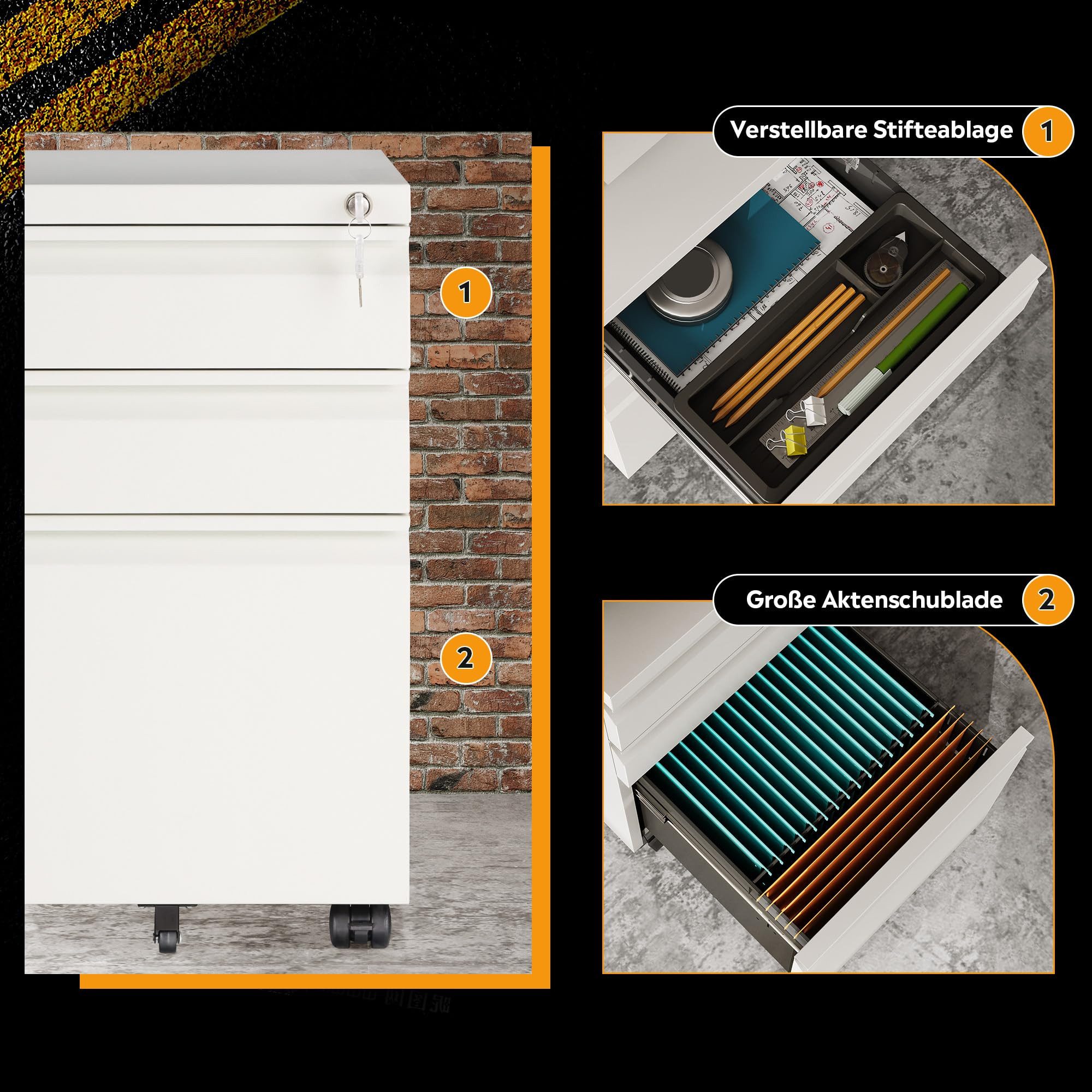 DEVAISE Rollcontainer Metall Mobiler Aktenschrank mit Rollen, (43 x 37 x 60 cm, Druckertisch für DIN A4/Legal/Letter), Schreibtisch Unterschrank für Büro und Home Office, Weiß/ Schwarz