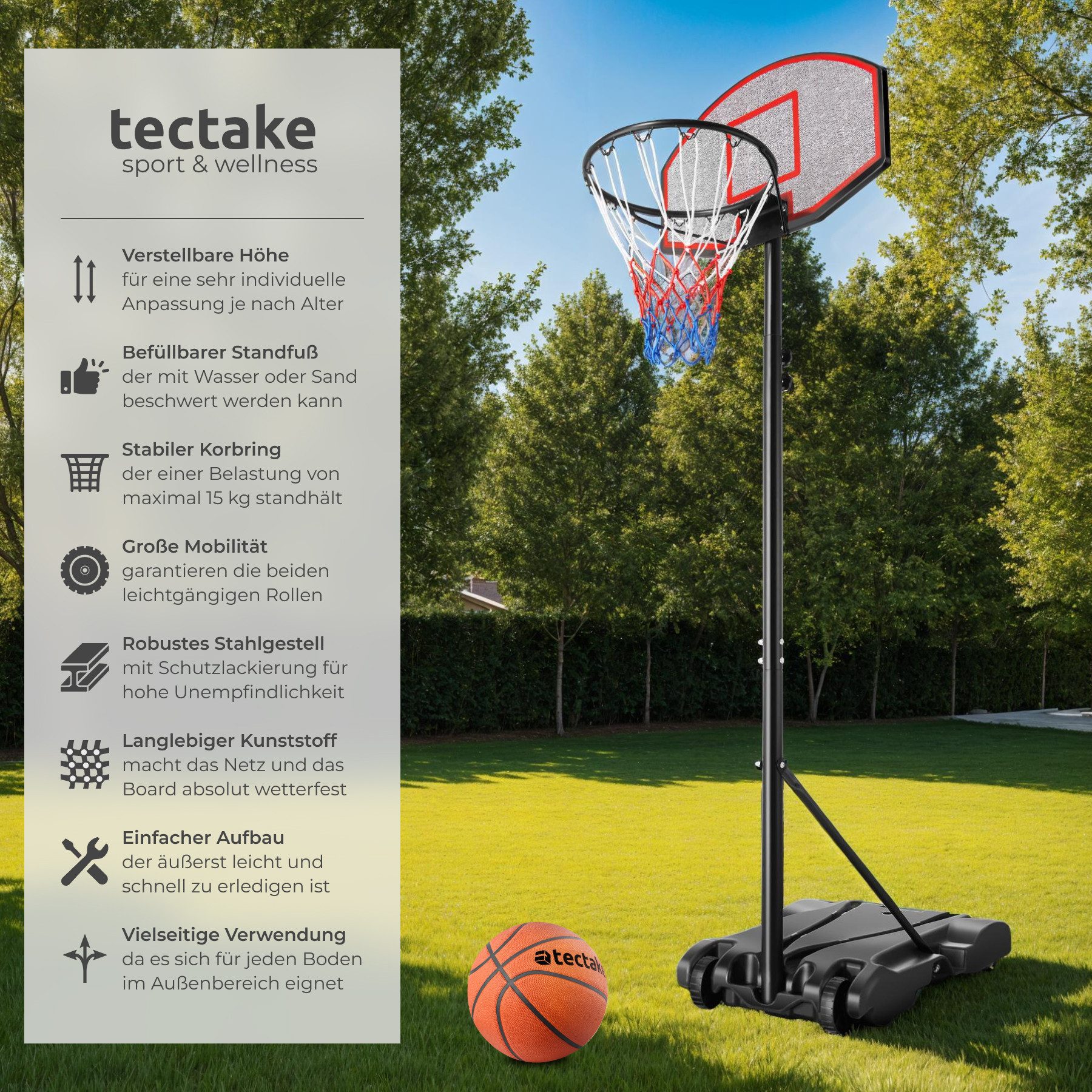 tectake Basketballkorb Basketballanlage Harlem (Komplettset, Mobiler Basketballständer), Mobiler Basketballständer