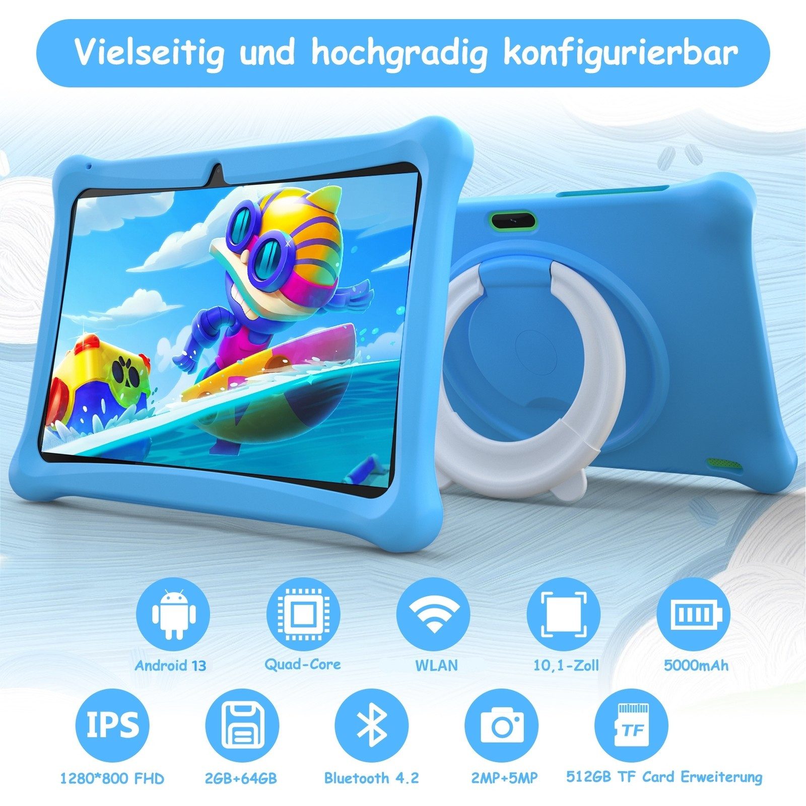 MENGHU 10,1" Kinder-Tablet Android 13 2GB + 64GB WiFi Google mit Schutzcase Grafiktablett (10,1", Android 13, Elternkontrollsystem)