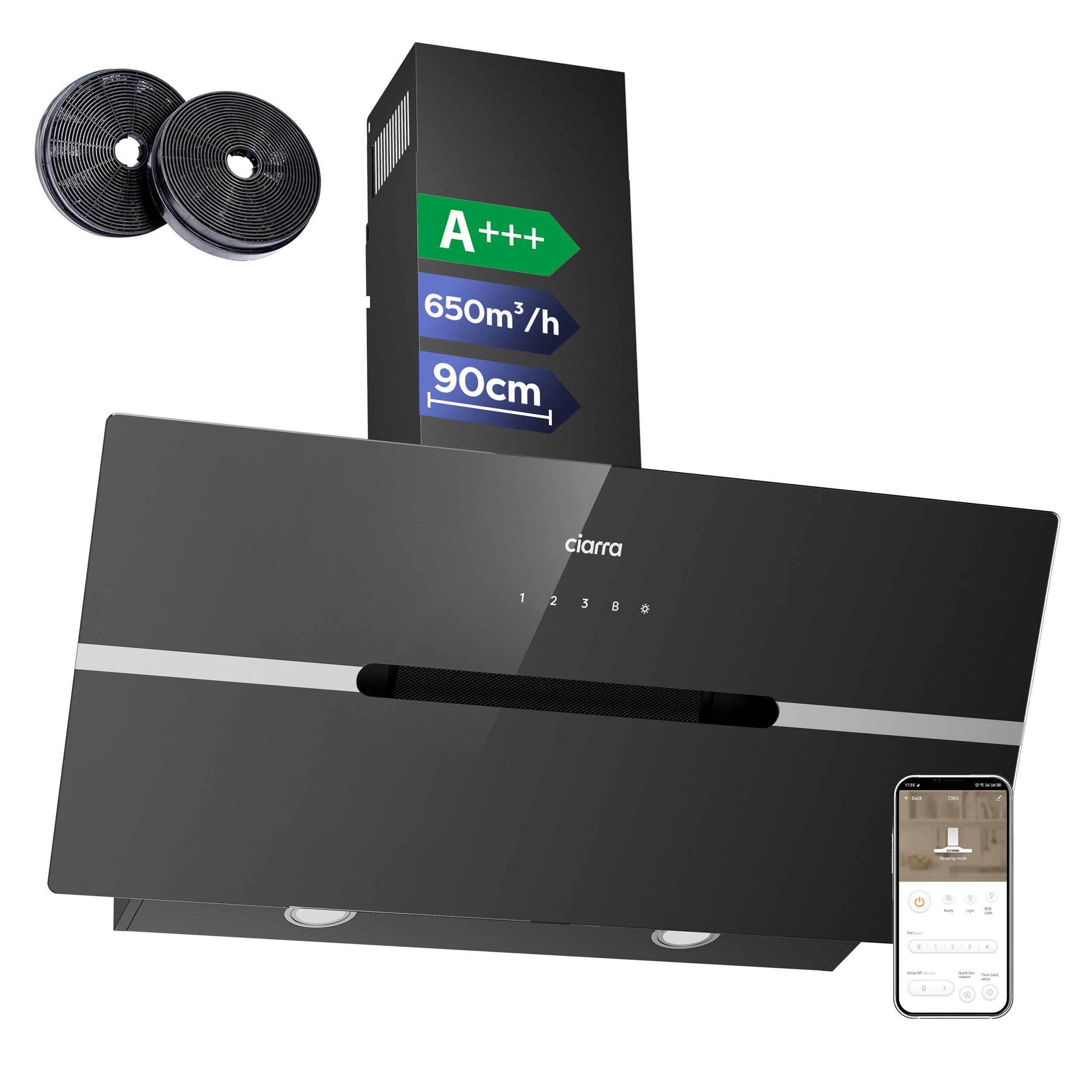 CIARRA Kopffreihaube VMB9736F VMB9736F, 90cm 650m³/h Dunstabzugshaube A+++ Inkl. BOOST WIFI-APP Touch Control
