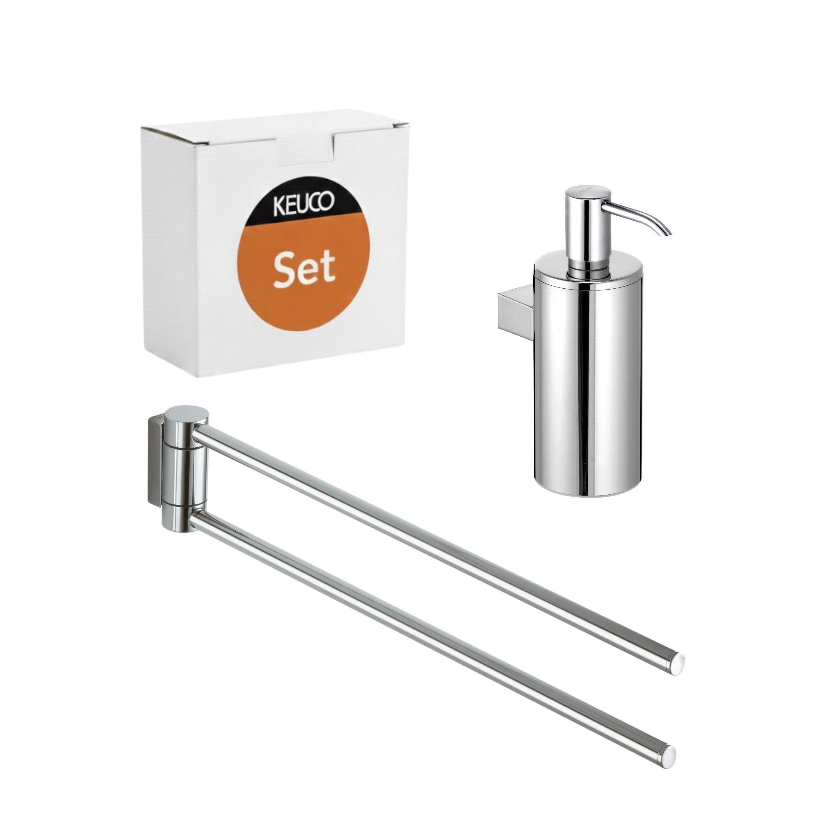 Keuco Badaccessoire-Set Plan aus Seifenspender und zweiarmigem Handtuchhalter, 2-tlg., 250 ml, schwenkbar, 44 cm, Made in Germany, verchromt