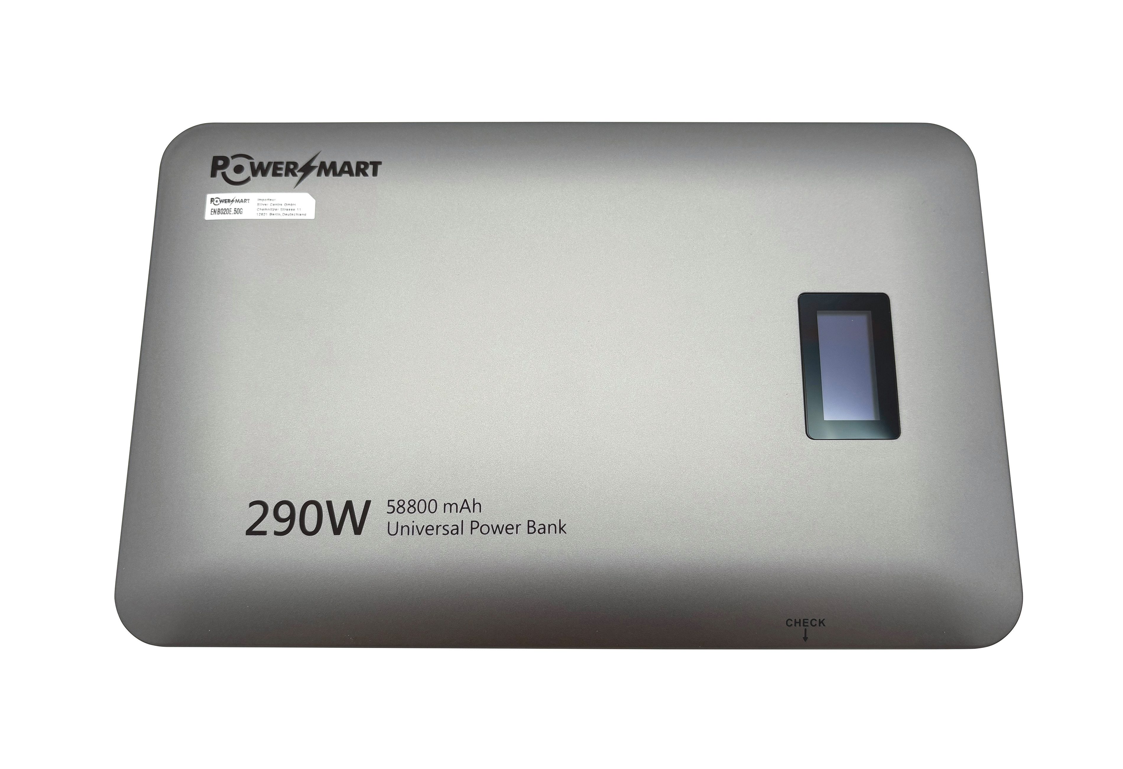 PowerSmart Powerbank 290W mit 2 USB-C Anschlüssen, 2 DC-Anschlüssen und 1 USB-A Anschluss, max. 58800 mAh (213 Wh), externer Akku mit Digitalanzeige, kompatibel mit MacBook Pro/Air, iPhone 17 Pro Max/Pro/16/15, Galaxy S24 Ultra und Dell Li-ion 58800 mAh