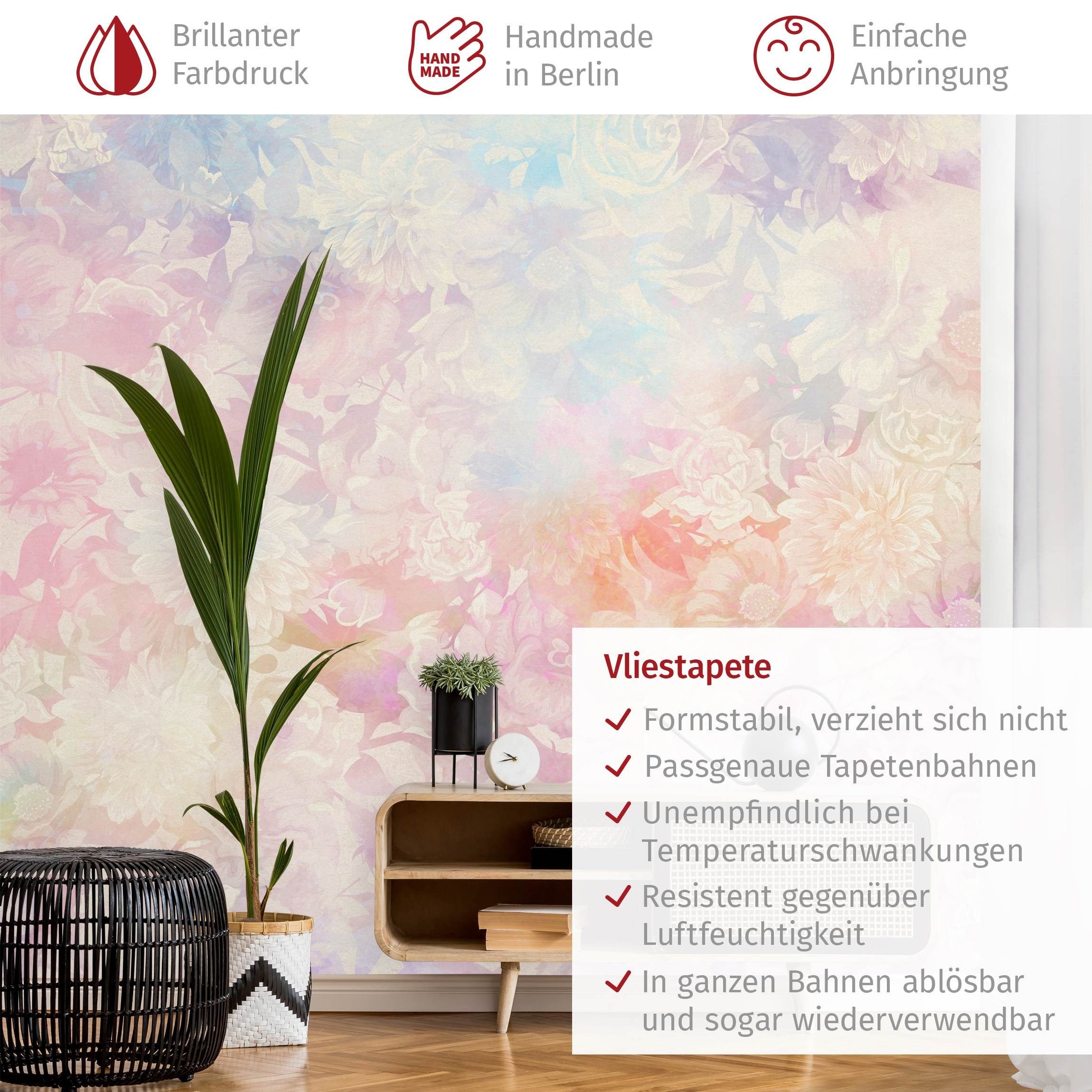 Bilderdepot24 Fototapete Rosen Blüten Pastell Blumen Natur Pflanzen Wanddeko, Glatt, Matt, (Vliestapete inkl. Kleister oder selbstklebend), Wohnzimmer Schlafzimmer Küche Flur Motivtapete Vliestapete Wandtapete