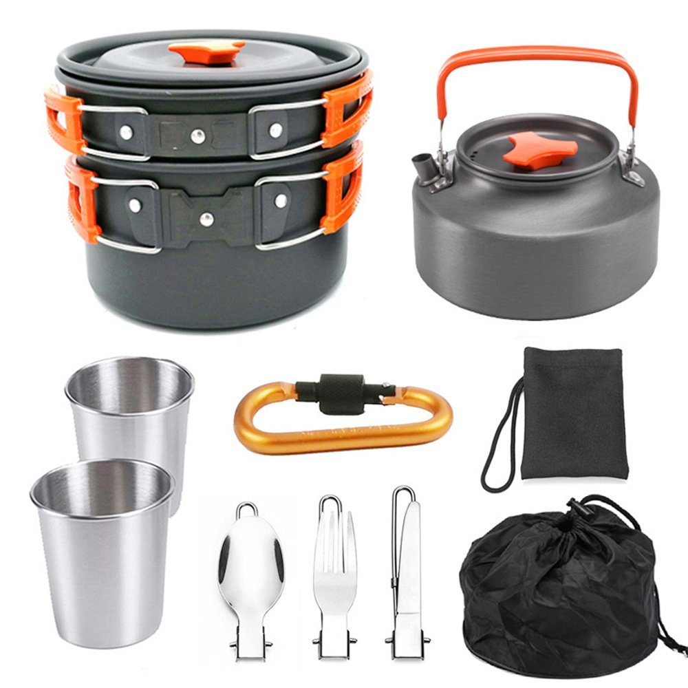 Dsen Geschirr-Set Camping-Besteck, tragbares Aluminium-Kochset für draußen Orange