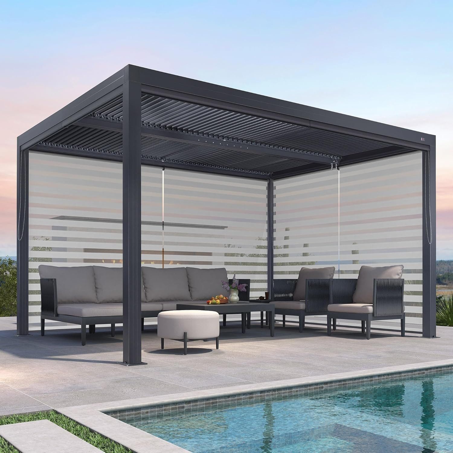 PURPLE LEAF Pergola Terrassenüberdachung mit Sonnenrollo, Gartenpavillon mit Lamellendach, (Komplettset, 1 Pergola + 2 Seitenrollos (Längs- & Schmalseite), Lamellendach verstellbar; inkl. Seitenrollo
