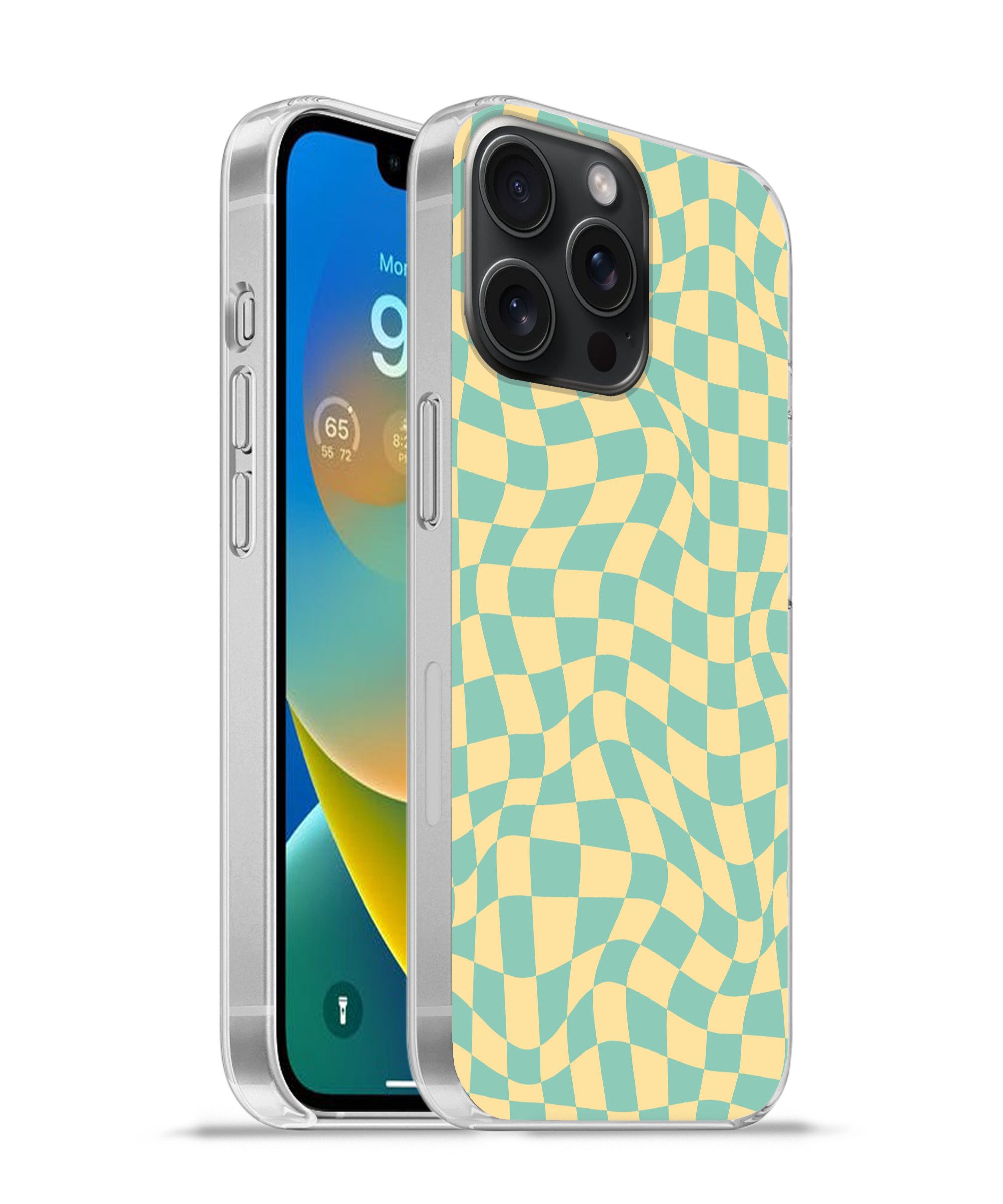 MuchoWow Handyhülle für Apple iPhone 15 Pro Max Quadratisches Muster - Gelb - Blau - Welle, Smartphone-Bumper, Print, Handy Schutzhülle Dünn