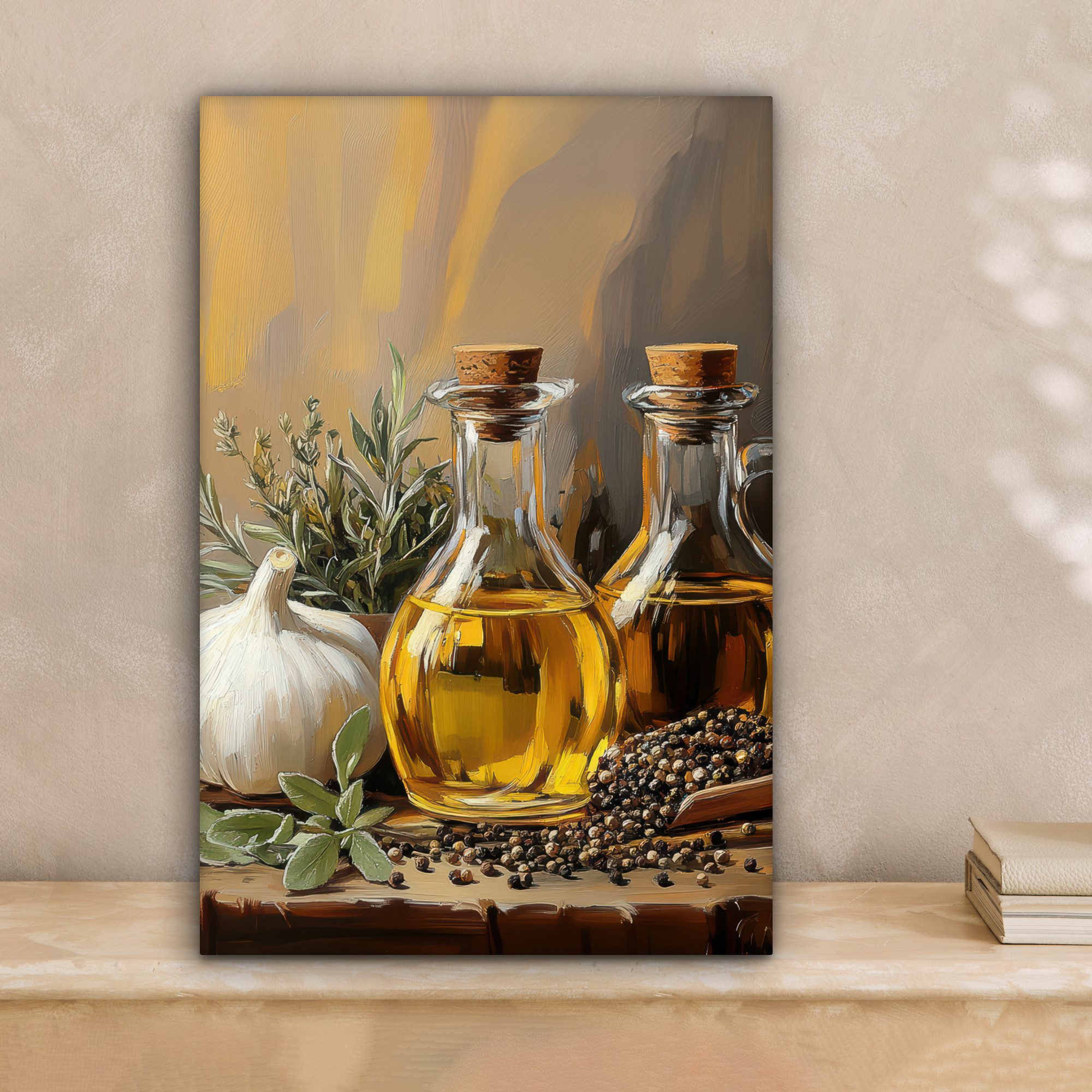 OneMillionCanvasses® Leinwandbild Stilleben - Olivenöl - Knoblauch - Kräute günstig online kaufen