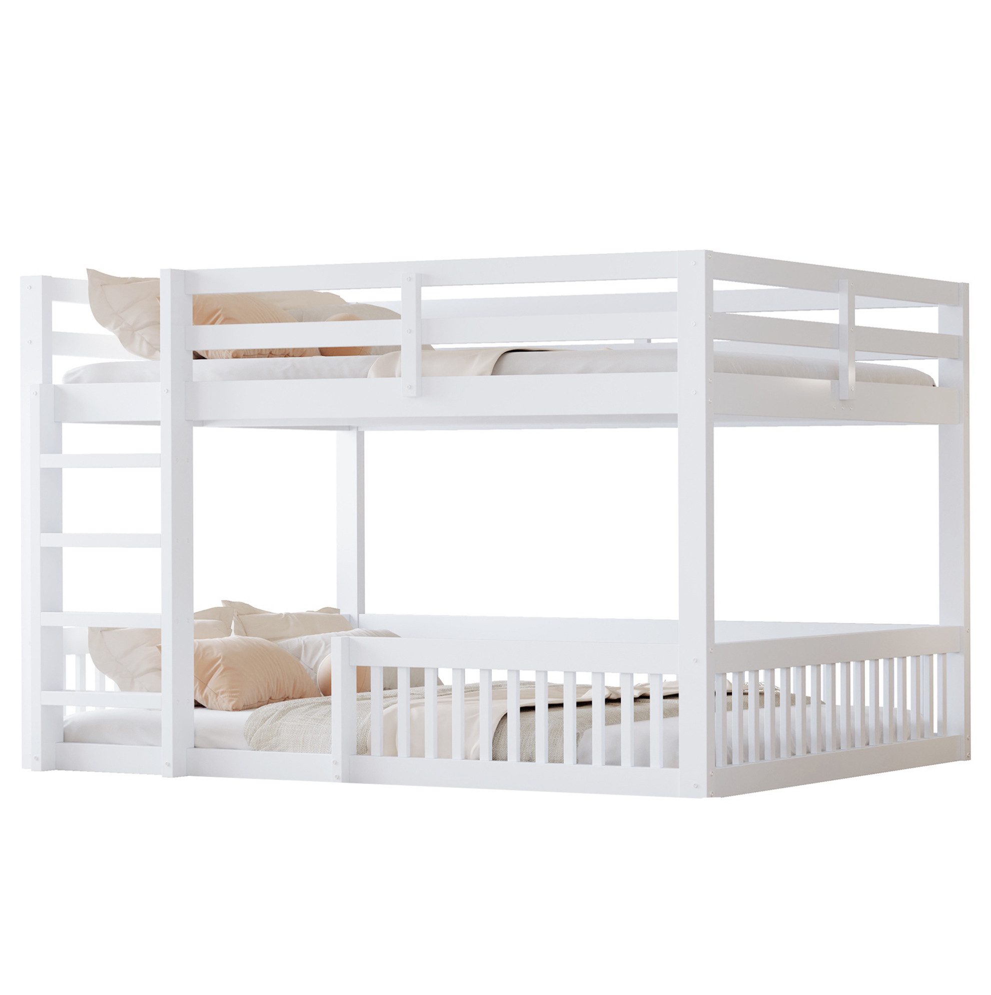 MODFU Etagenbett aus Kiefernholz (mit Geländern und Sicherheitsgitter, 1-St., 160x200cm), ohne Matratze