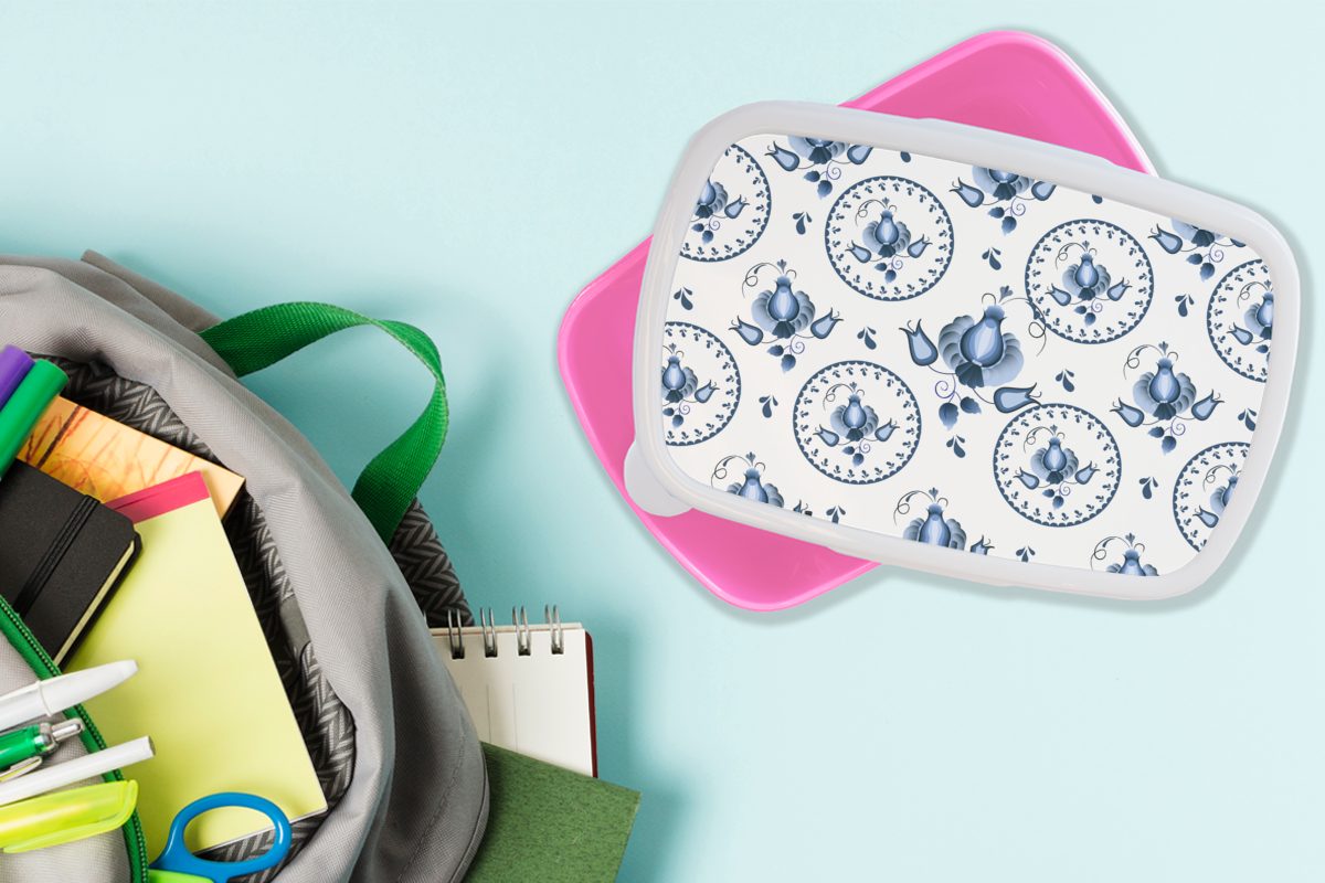 MuchoWow Lunchbox Muster - (2-tlg), Mädchen, - Kunststoff, Tulpe, Folklore Snackbox, Kinder, Erwachsene, Brotbox Brotdose für rosa Kunststoff