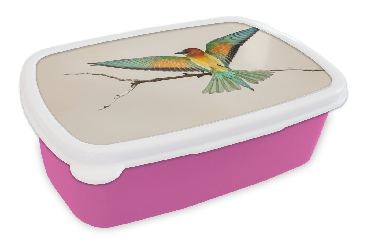MuchoWow Lunchbox Vogel - Zweig - Grün, Kunststoff, (2-tlg), Brotbox für Erwachsene, Brotdose Kinder, Snackbox, Mädchen, Kunststoff rosa | Lunchboxen