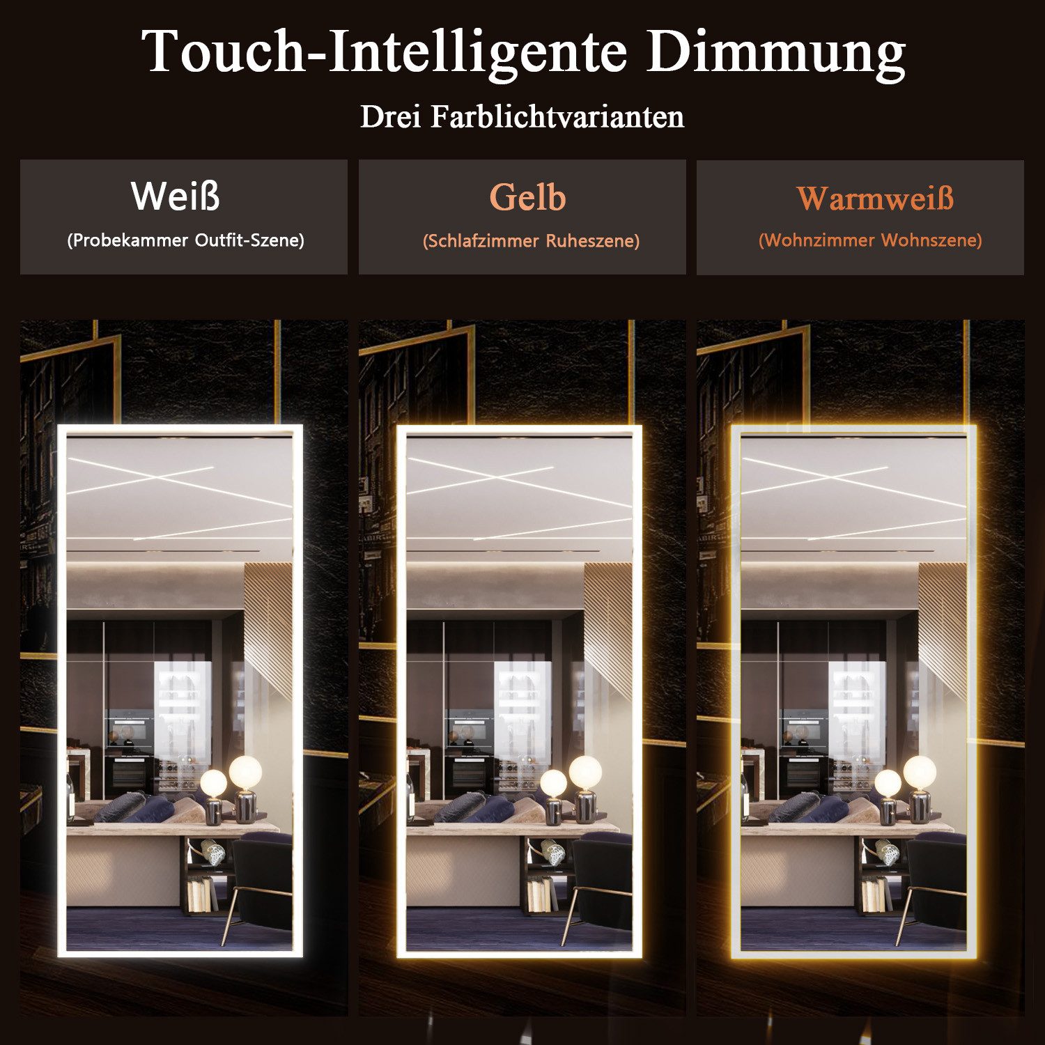 Elemango Ganzkörperspiegel LED-Bogenboden-Spiegel mit 3 Farbwechseln, 165x60 cm, Aluminiumrahmen, Ganzkörperspiegel mit Halterung,Beleuchteter Bodenspiegel – Bild 5 von 5
