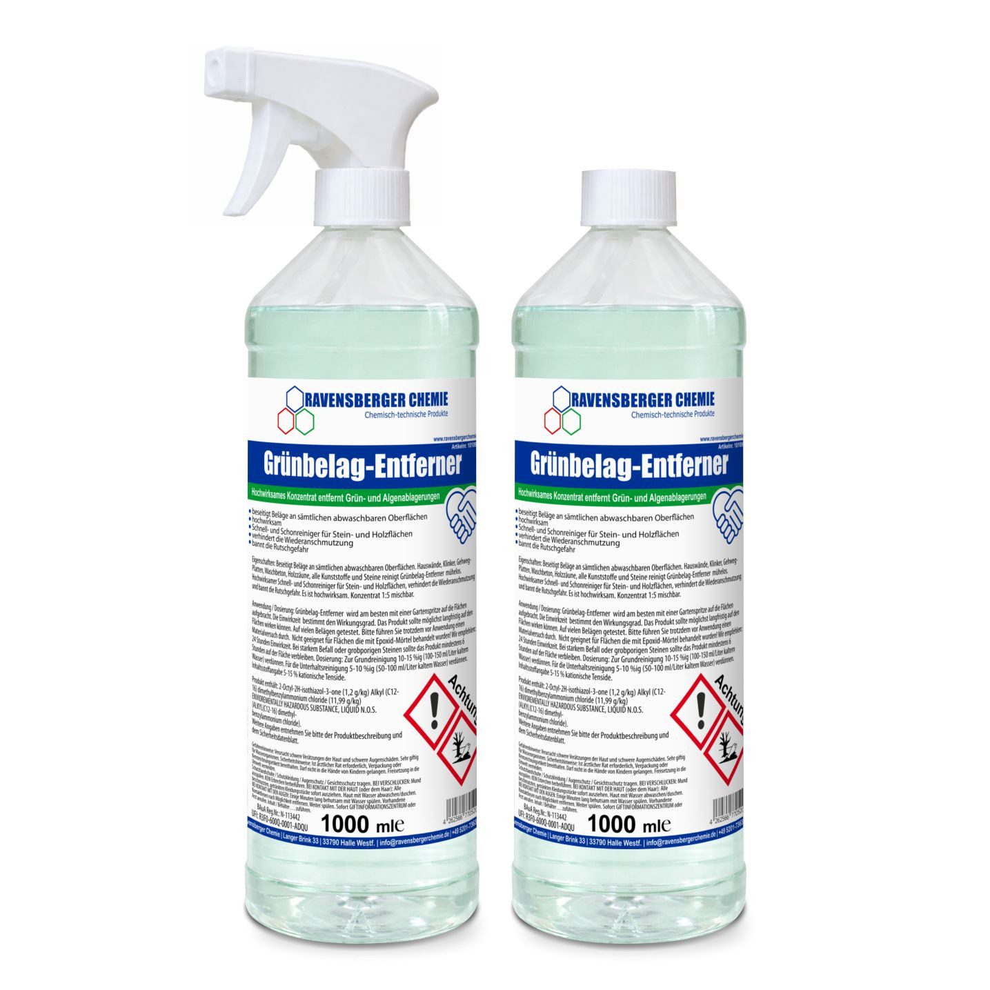 Ravensberger Chemie Grünbelag-Entferner Konzentrat Grünbelagentferner (2x 1 Liter Flasche inkl. Pumpsprühkopf - Ergiebiges Konzentrat - Gegen Algen & Grünbelag außen)