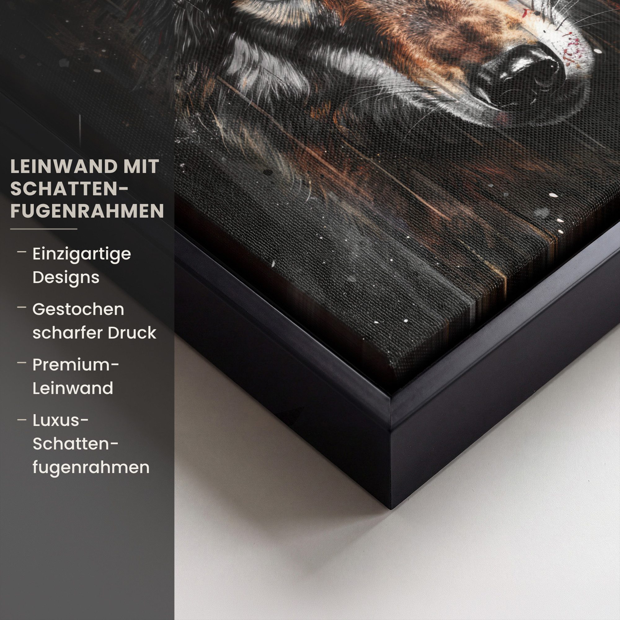 OneMillionCanvasses® Leinwandbild mit Rahmen - Tiere - Wolf - Porträt - Schwarz - Braun, Fotodruck (1 St), Leinwand Bilder Klein, Wand Dekoration Aesthetic 20x2 – Bild 3 von 5