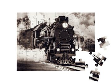 puzzleYOU Puzzle Der Dampfzug fährt vom Bahnhof in Riga ab, 48 Puzzleteile, puzzleYOU-Kollektionen Eisenbahn, Lokomotive, Schwarz-Weiß