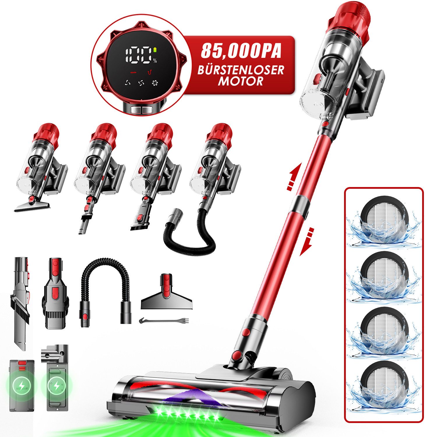 Hiazurm Akku-Hand-und Stielstaubsauger Akku Staubsauger,85000Pa/2.8L/70min OLED-Display Staubsauger Kabellos, Super Leise Stabstaubsauger für Tierhaare und Teppiche