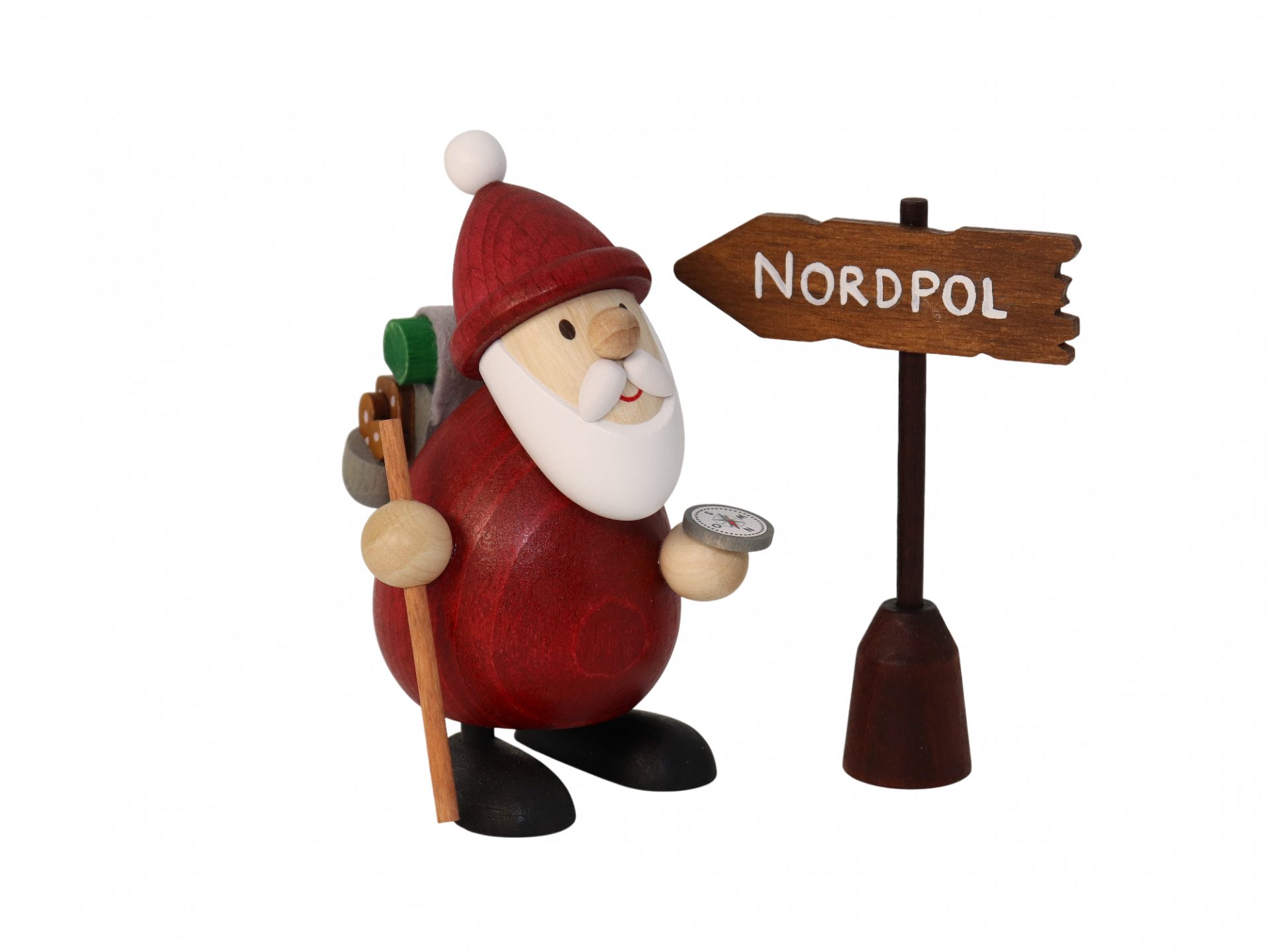 Ullrich Kunsthandwerk Weihnachtsmann Weihnachtsmann mit Rucksack und Wegweiser Dekofigur, in Geschenkbox