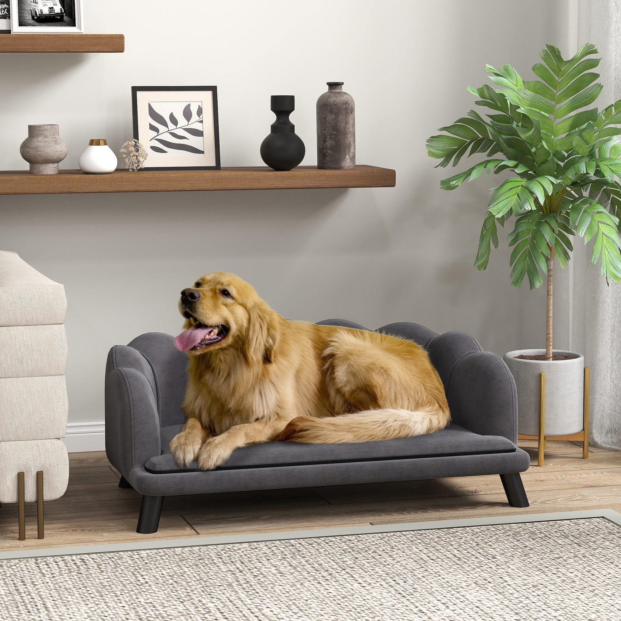 PawHut Tierbett Hundesofa mit Rückenlehne Weichem Bezug, Polyester, Dunkelgrau 98,5 x 60,5 x 35,5 cm