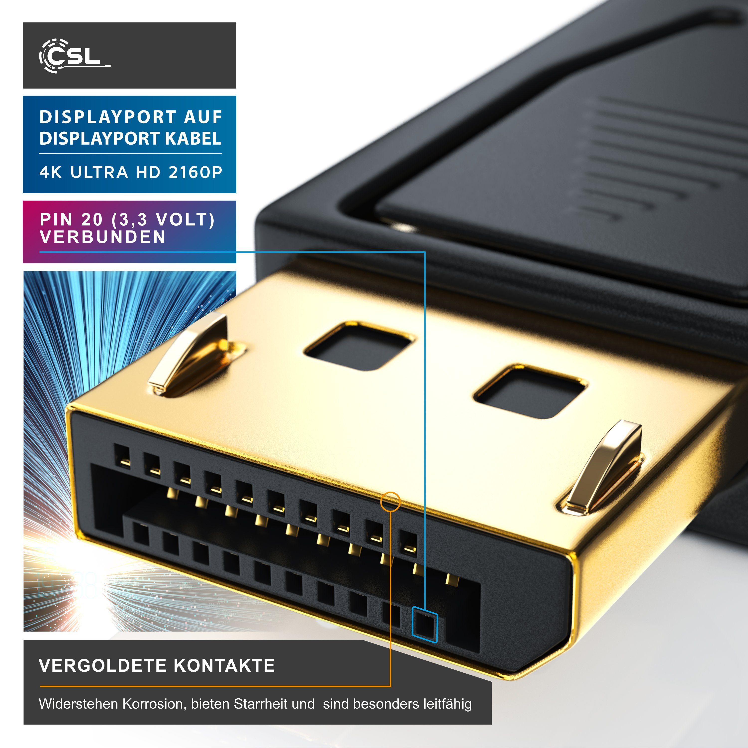 CSL Audio- & Video-Kabel, DisplayPort, (300 cm), DP Monitor Kabel 4k 60Hz UHD incl. Audio-Übertragung - 3m