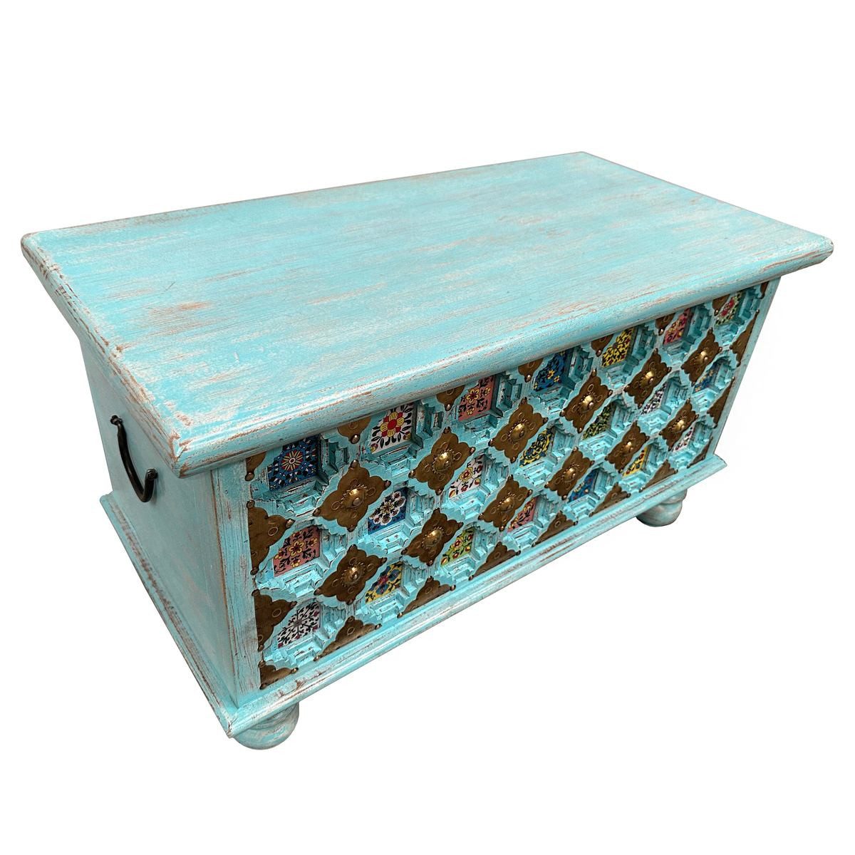 Oriental Galerie Truhe Indische Truhe Türkis 80cm (1 St), Beistelltisch, Holztruhe, Antik, Wäschetruhe, Möbeltruhe, Holzkiste