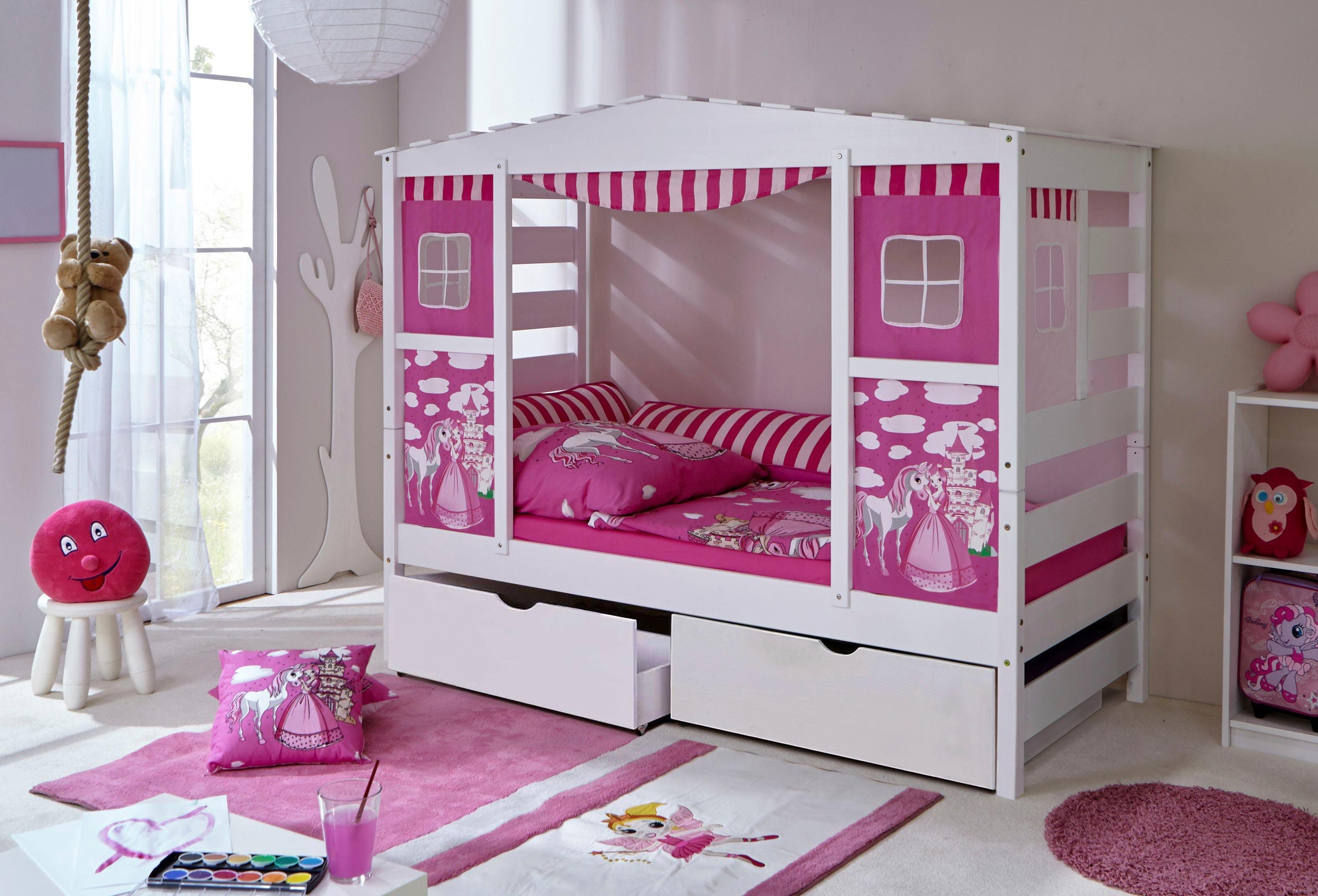 Ticaa Kinderbett Lio, Hausbett massiv »Prinzessin« weiß Kiefer gewachst-Textil-Set