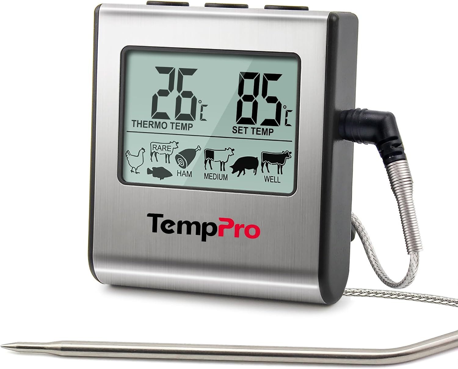 ThermoPro Grillthermometer TP16, Grillthermometer mit Sonde, Timer, Alarm, bis 300 °C, LCD