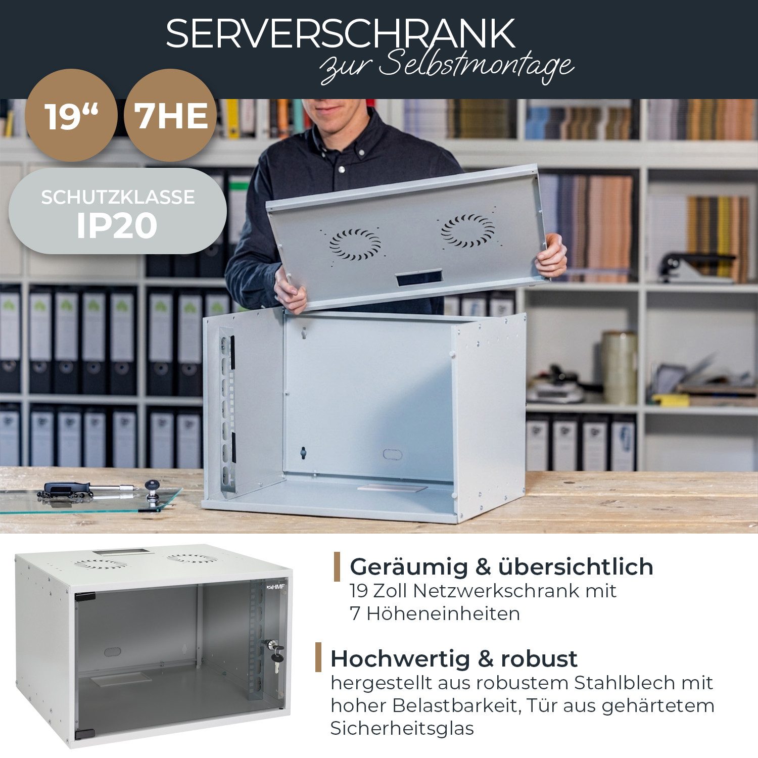 HMF Serverschrank Netzwerkschrank, Serverschrank 19 Zoll, 7 HE, 275 mm Einbautiefe, Glastür, Lichtgrau