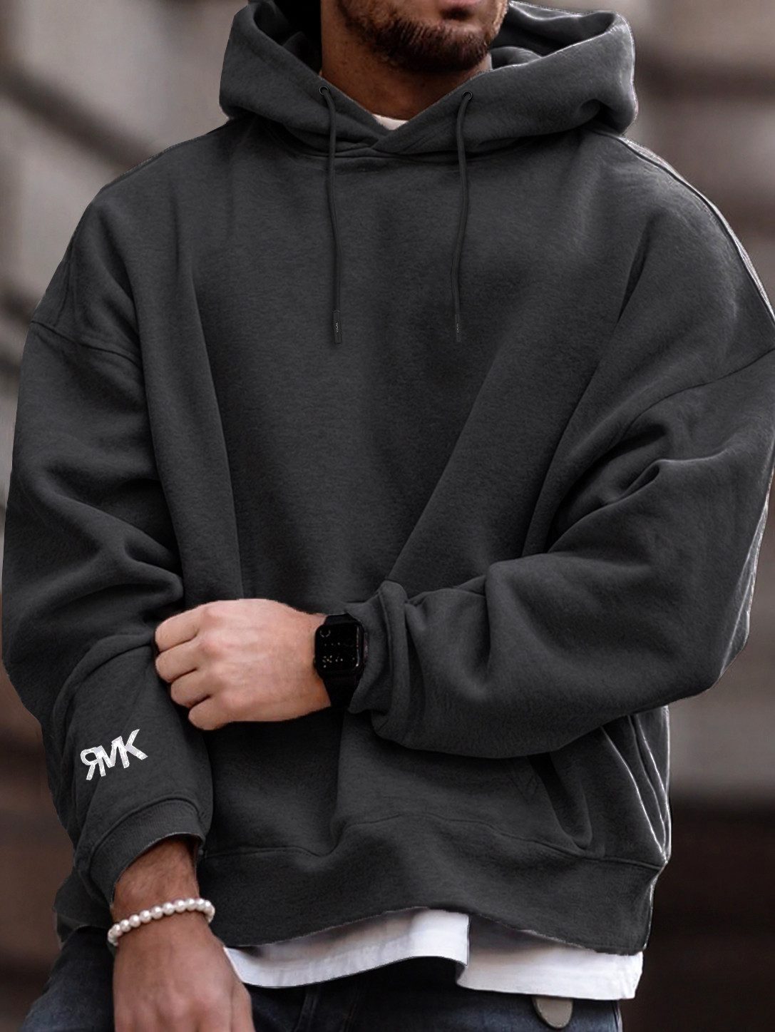 RMK Kapuzenpullover Herren Hoodie Pullover Langarmshirt Oversize mit 2 Taschen in Unifarbe