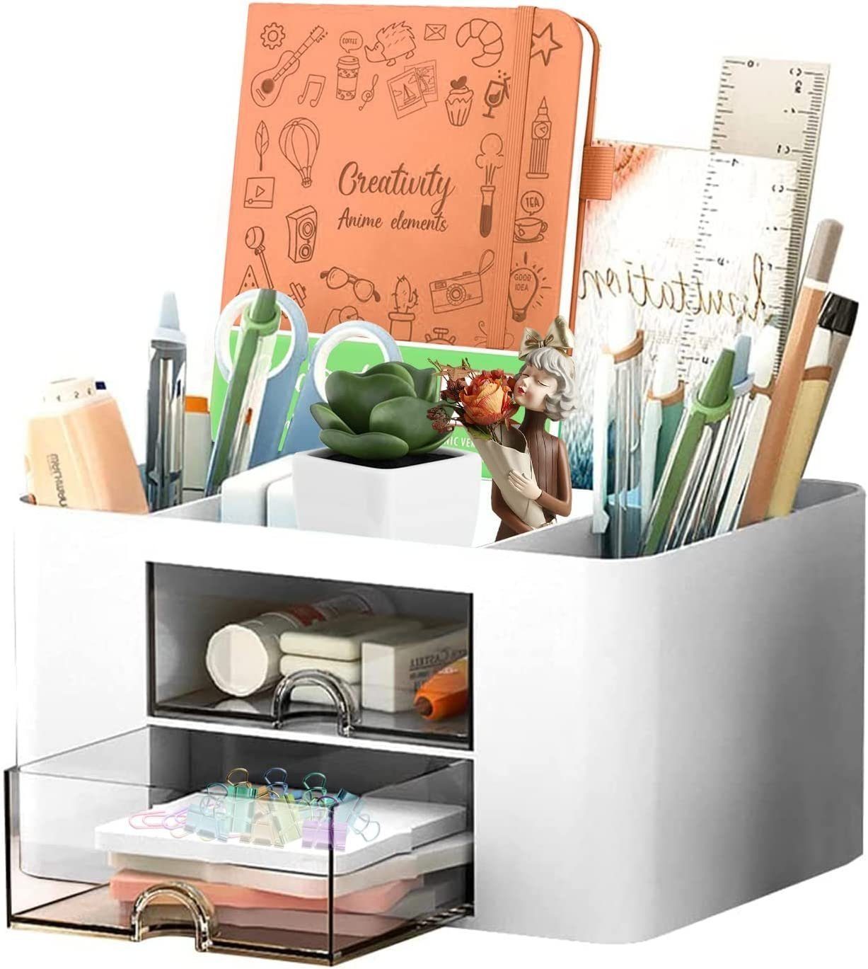 DOPWii Badorganizer Schreibtisch Organizer 5 Fächer,Stiftehalter mit Schublade Weiss