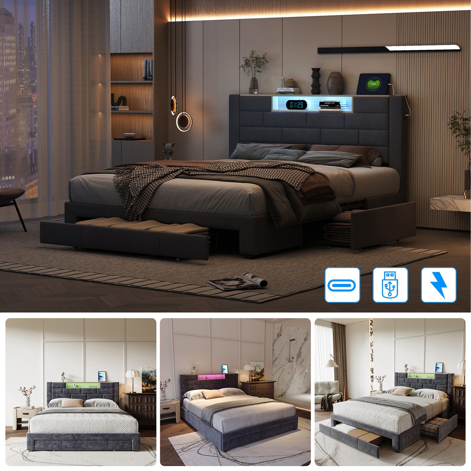 PXloue Polsterbett Doppelbett Stauraumbett Funktionbett Leises günstig online kaufen