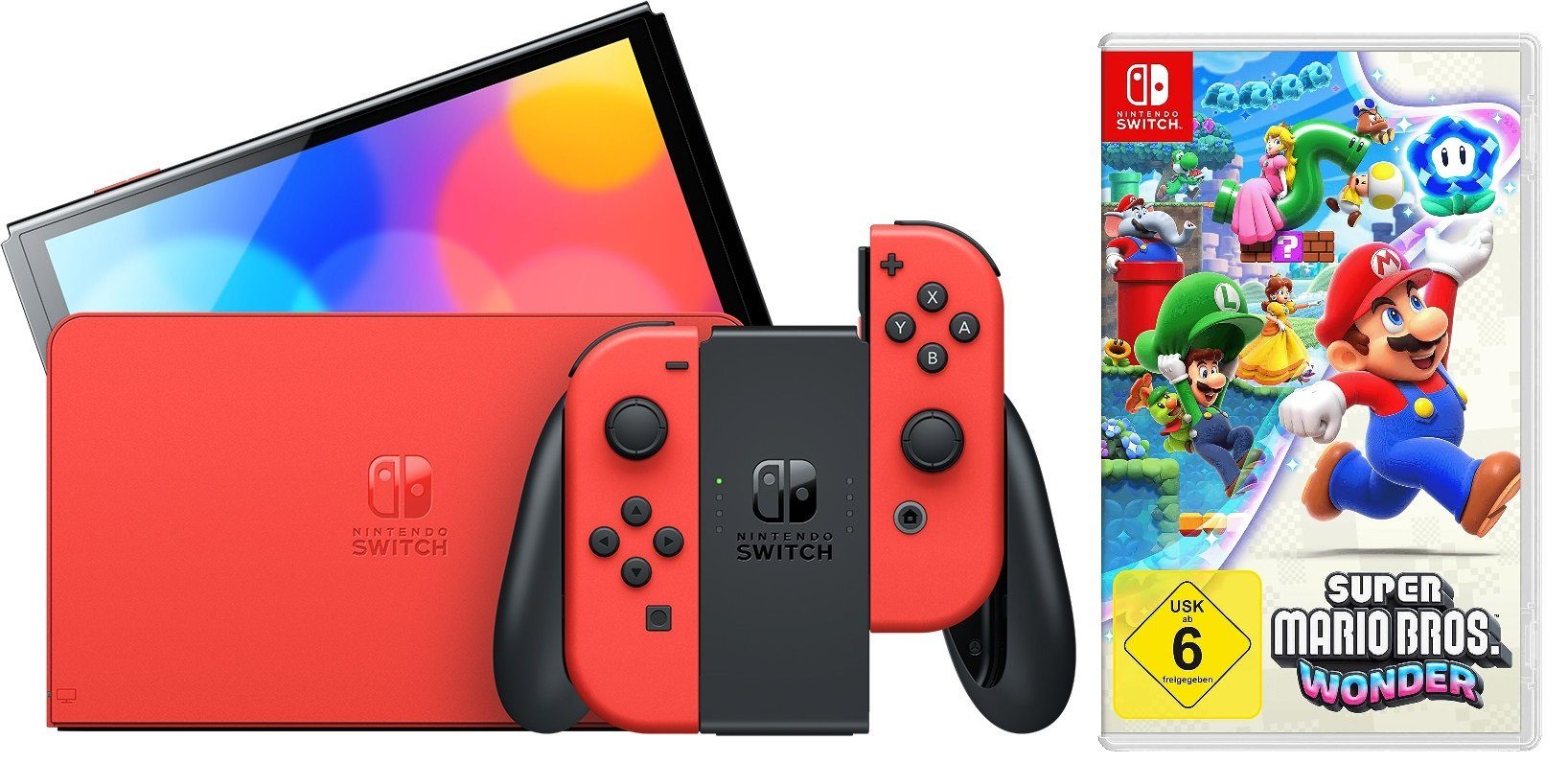 Nintendo Switch OLED Konsole Super Mario Edition Rot (Bundle, inkl. Super Mario Bros. Wonder Spiel), Handheld Spielekonsole Bundle Set