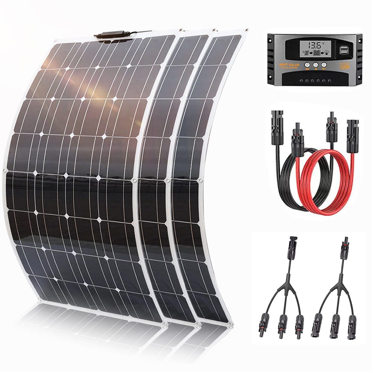 Rhein Beleuchtung Solarmodul 600W Solarpanel Flexibel 12V – Solar Panel Camping Set für Wohnmobil, 600 W, Monokristallin, (3×200W Module mit Regler, Y-Verteiler & Kabel – plug & play Lösung), Leicht, biegsam & wetterfest – ideal für Dach, Boot & Outdoor-Einsatz