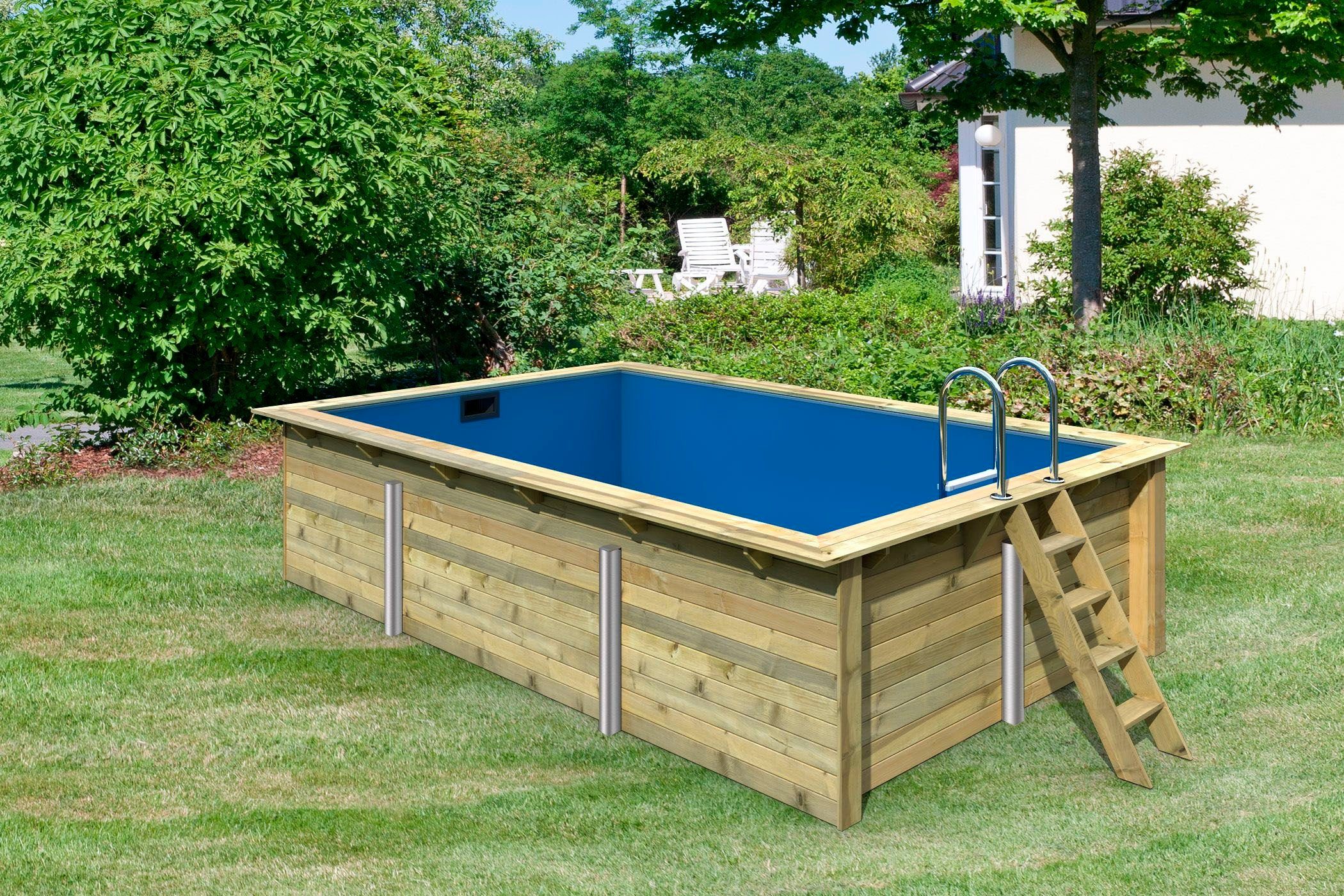 Karibu Rechteckpool Malta BxLxH: 530x353x124cm (Komplett-Set, 9-tlg), 44 mm starke kesseldruckimprägnierte Holzbohlen aus Fichtenholz