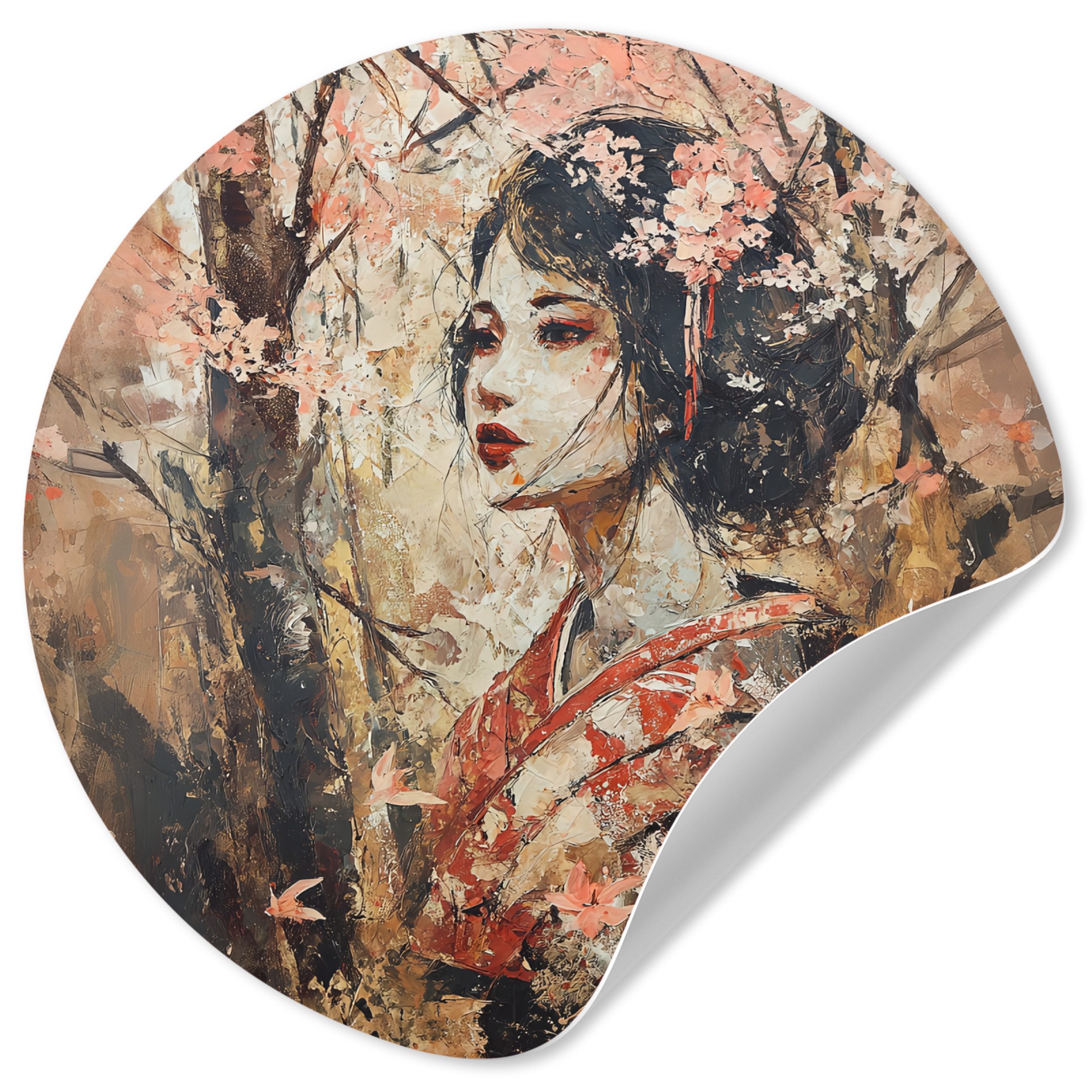 MuchoWow Wandsticker Kimono - Frau - Kirschbäume (1 St), Runde Aufkleber für Kinderzimmer, Selbstklebend, 120x120 cm