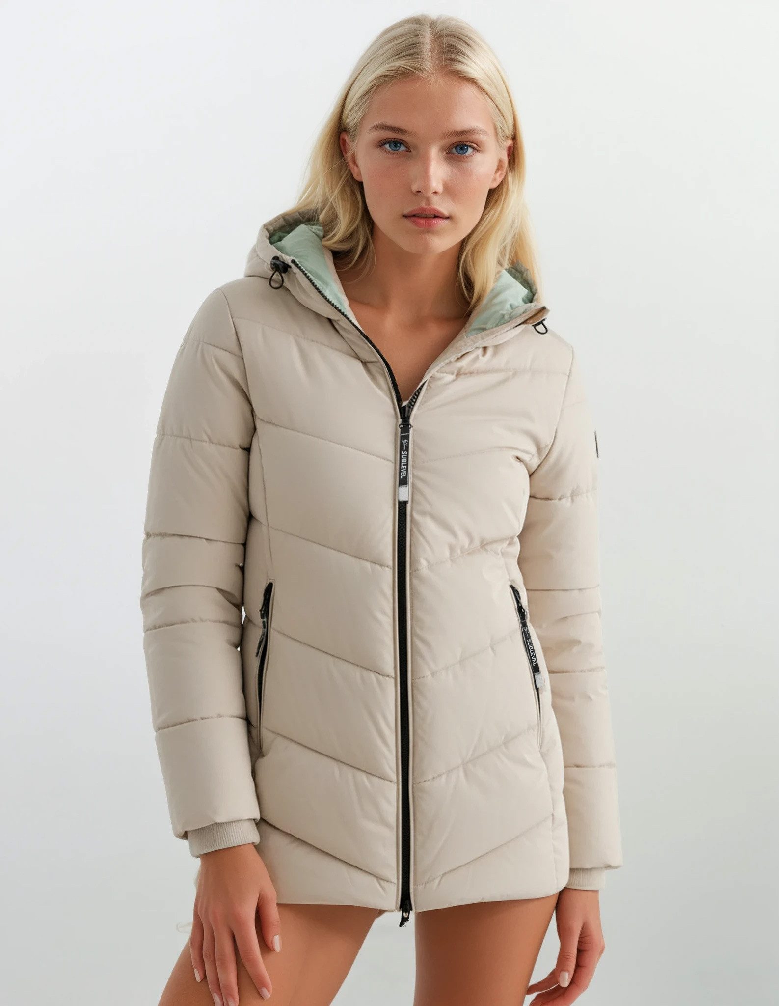 SUBLEVEL Steppjacke Damen Mantel mit Kapuze lange Winter Jacke Parka Stehkragen, Kapuze, flauschig, kuschelig, warm, Outdoor, Mantel