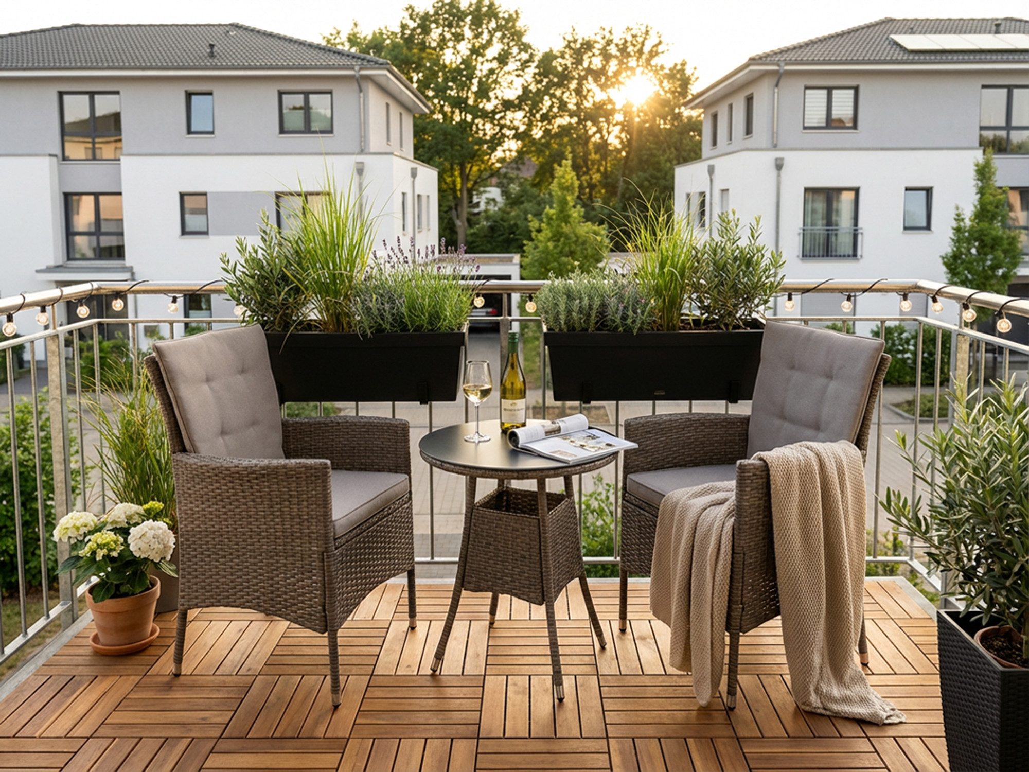 KONIFERA Garten-Essgruppe Balkonset "Mailand", (Set, 7-tlg., 2 Sessel, Tisch Ø 50 cm, inkl. Auflagen), Polyrattan, Tischplatte aus Sicherheitsglas, verzinkter Stahl