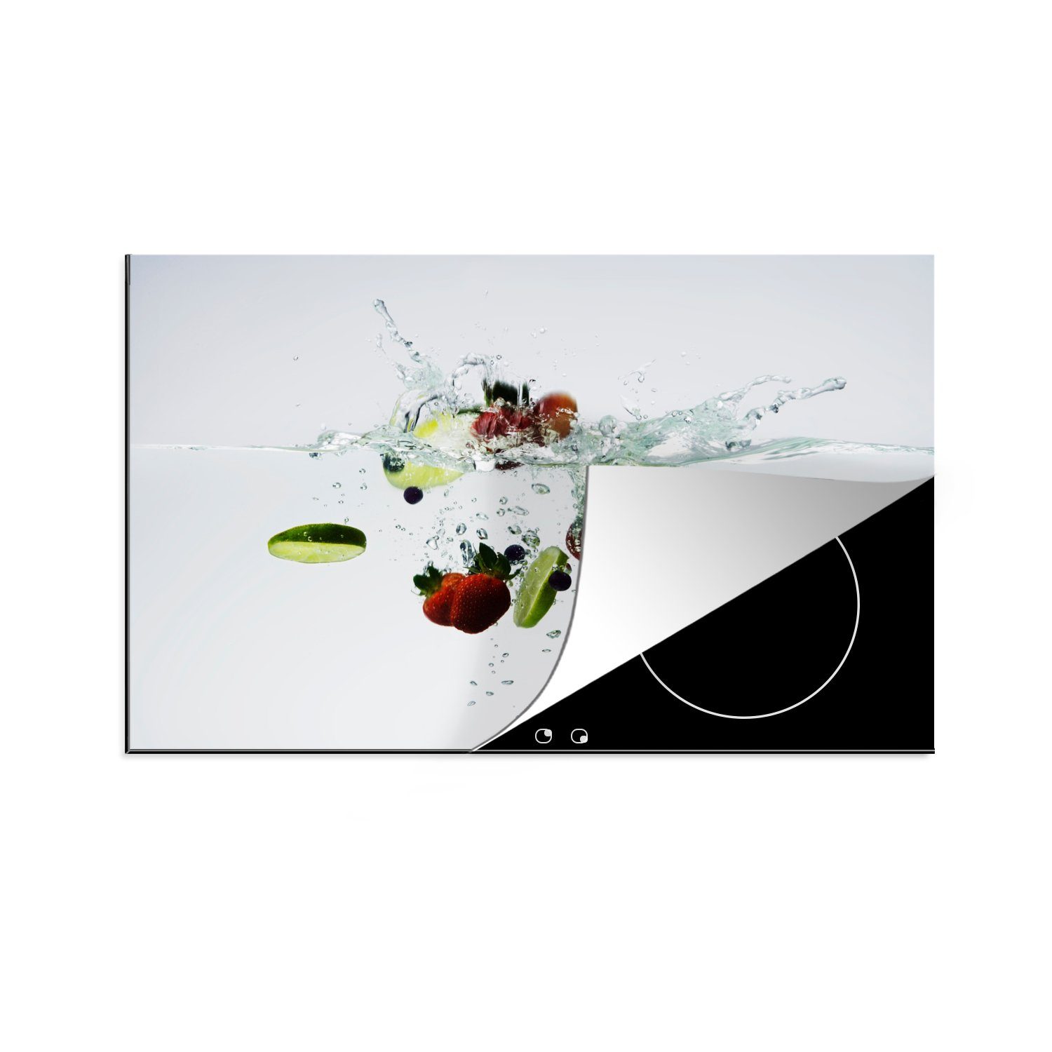 MuchoWow Herdblende-/Abdeckplatte Obst - Wasser - Limette, Vinyl, (1 tlg), 81x52 cm, Induktionskochfeld Schutz für die küche, Ceranfeldabdeckung